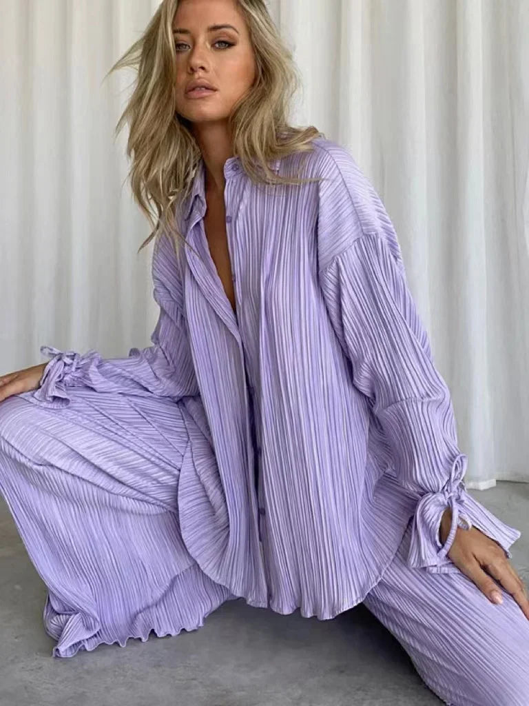 Solid color pleated long sleeved cardigan shirt split top pants two-piece set - House of Cardwell