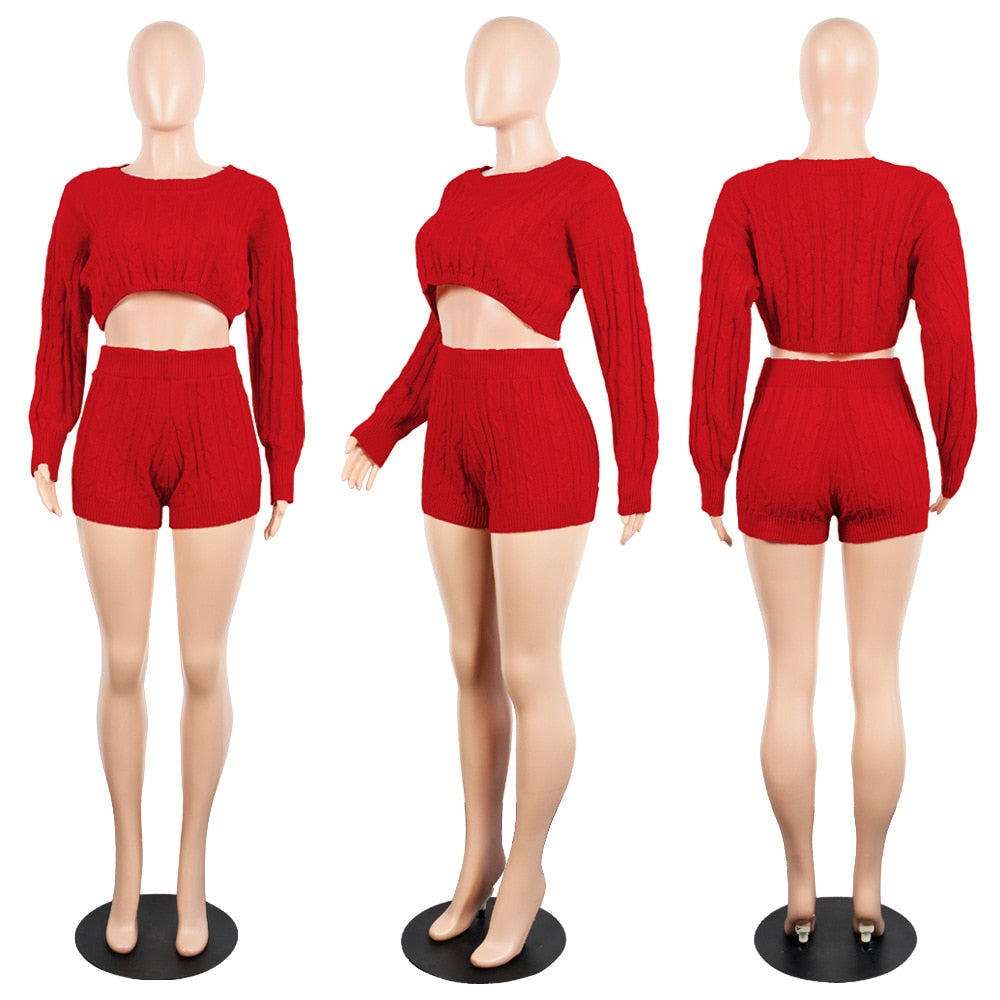 H.O.C Two Piece Fall/Winter Long Sleeve Knit Sweater Tops Bodycon Shorts Sexy Matching Sets eprolo