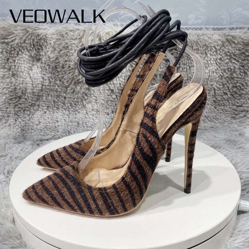 Dark Brown Hairy Zebra Women Pointed Toe Ankle Strap Slingbacks Stiletto Pumps Sexy Ladies Comfortable High Heel Shoes - House of Cardwell