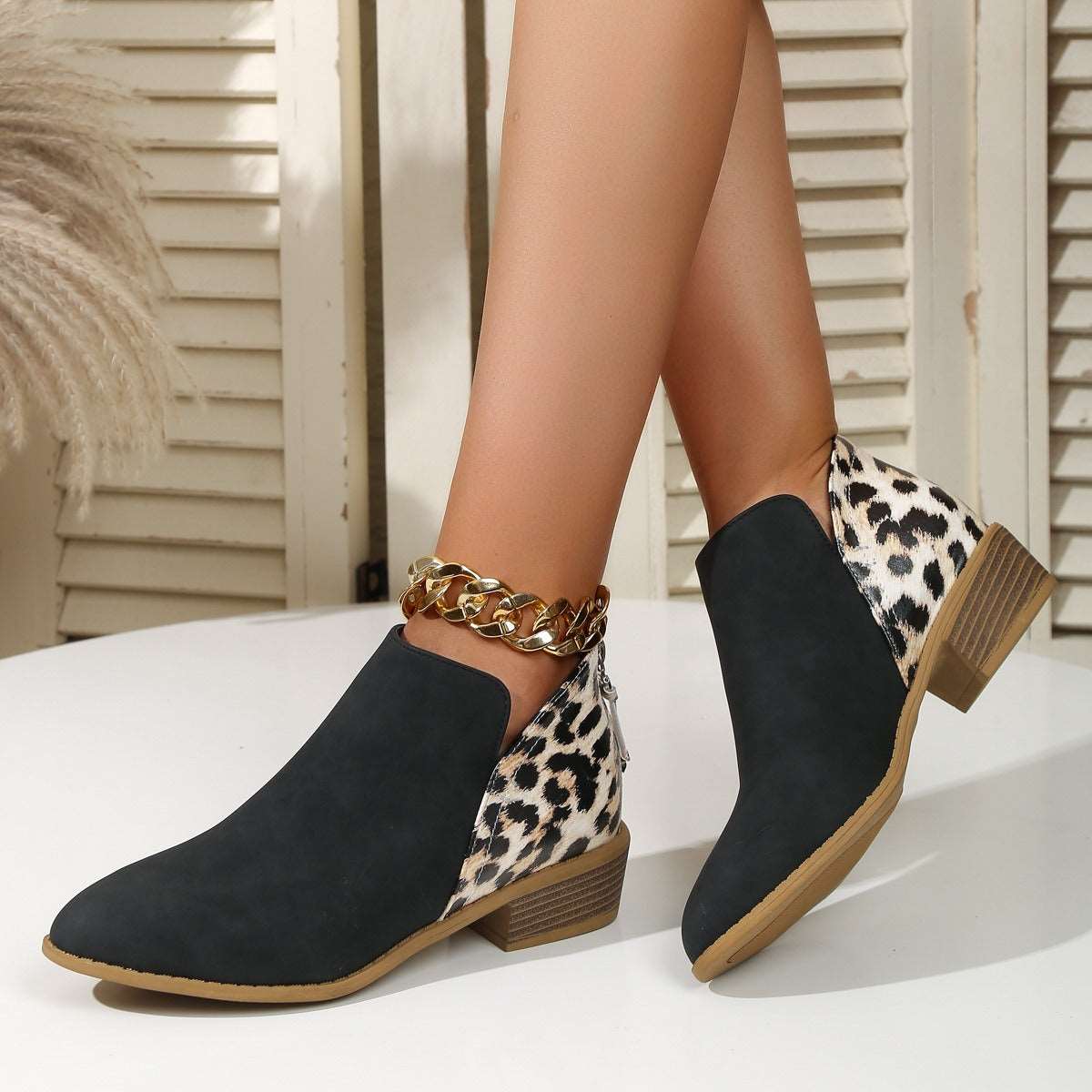 Fashion Leopard Print Boots Women's Pointed Thick Heels Back Zipper Shoes - House of Cardwell