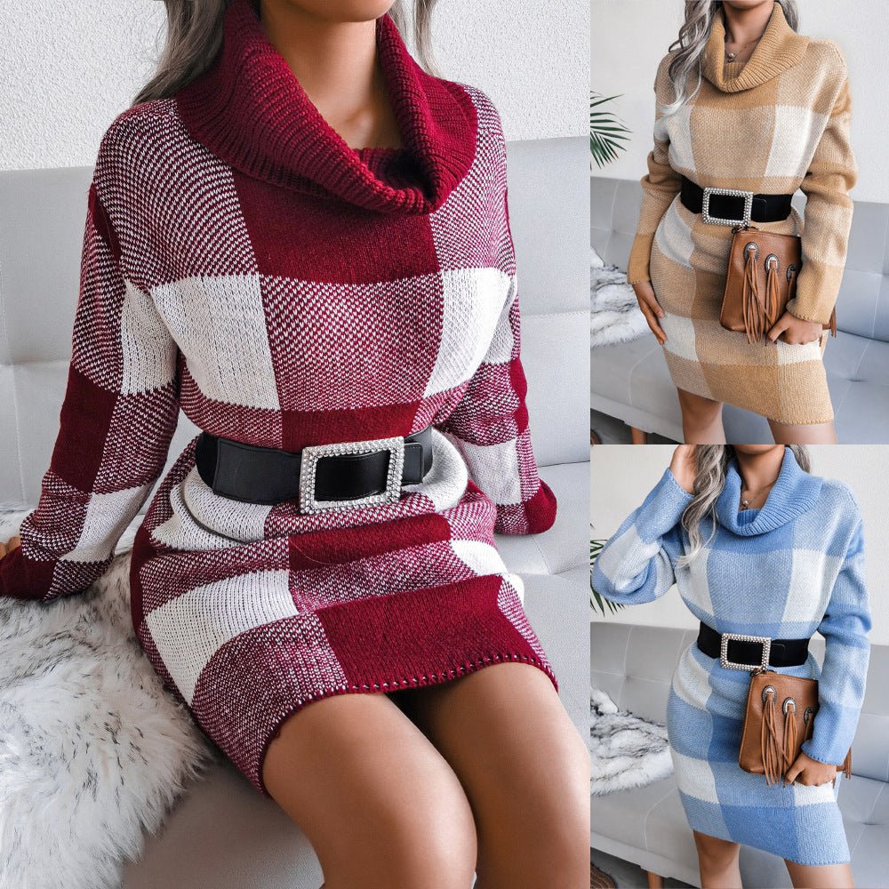 Adored Autumn and Winter New Casual Knitted Plaid Turtleneck Sweater Dress eprolo