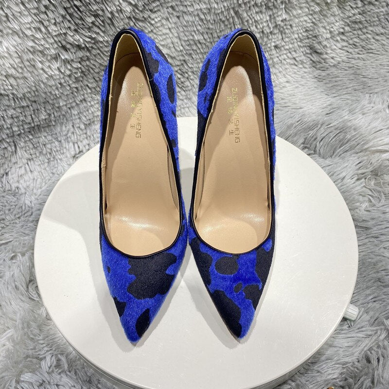 Tikicup Blue Cow Women Hairy Flock Pointy Toe High Heel Shoes Comfortable Elegant Ladies Formal Dress Slip On Stiletto Pumps - House of Cardwell