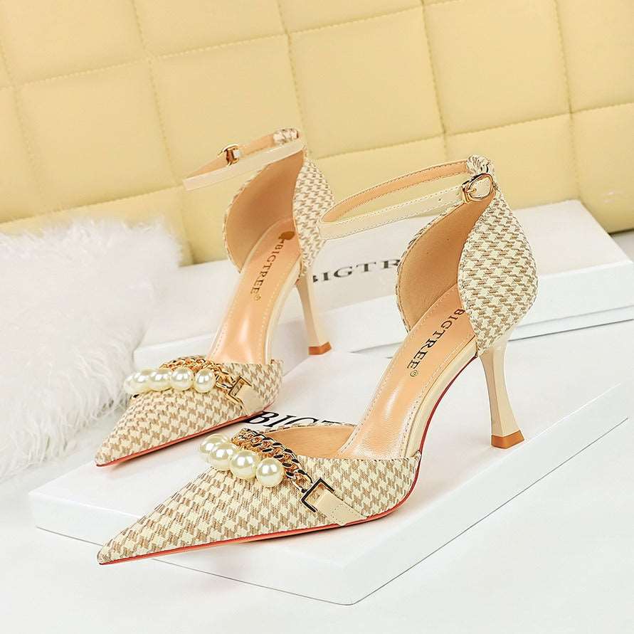 Banquet hollow high heels plaid houndstooth pearl metal chain strappy sandals - House of Cardwell