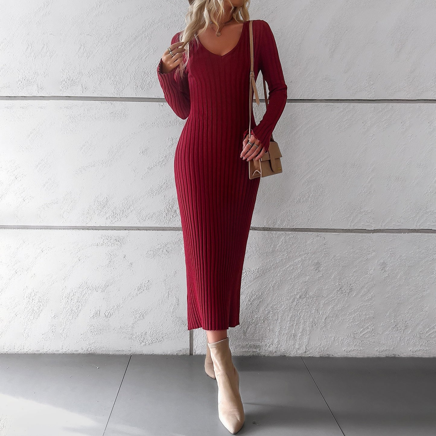 European and American women's autumn and winter elegant V-neck long sleeved woolen dress eprolo