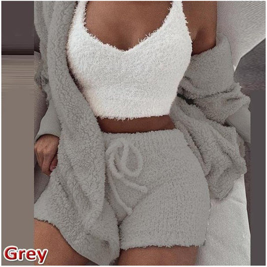 HOC Winter Plush Home Wear, Casual 3Pcs Pajamas Long Sleeved Shorts Sports Set eprolo