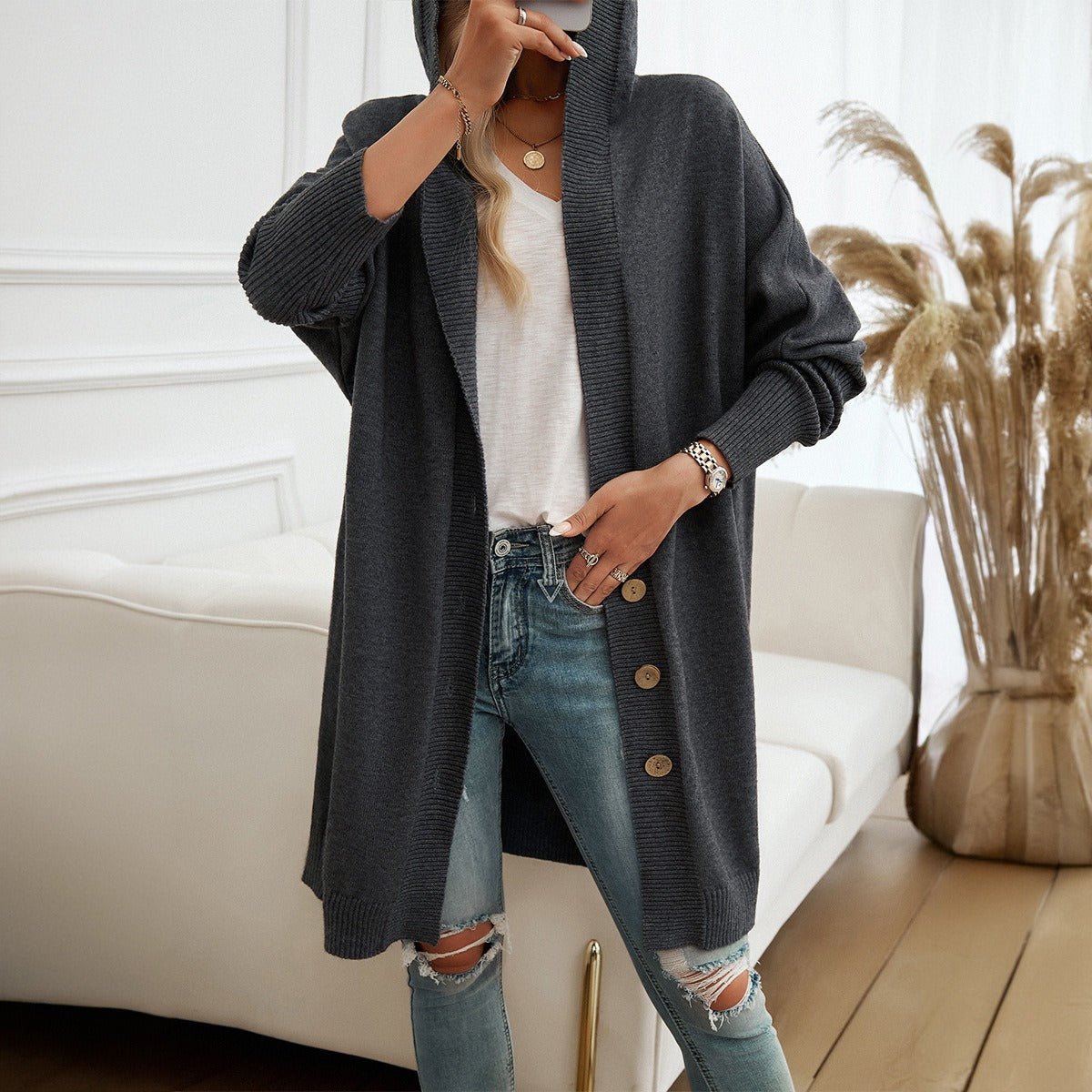 Autumn and Winter casual loose-breasted hooded cardigan breasted eprolo