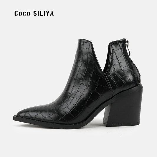 Pointed Toe Coarse Heel High Heel Short Boots Women's Back Zipper Crocodile Chelsea Nude Boots Large - House of Cardwell