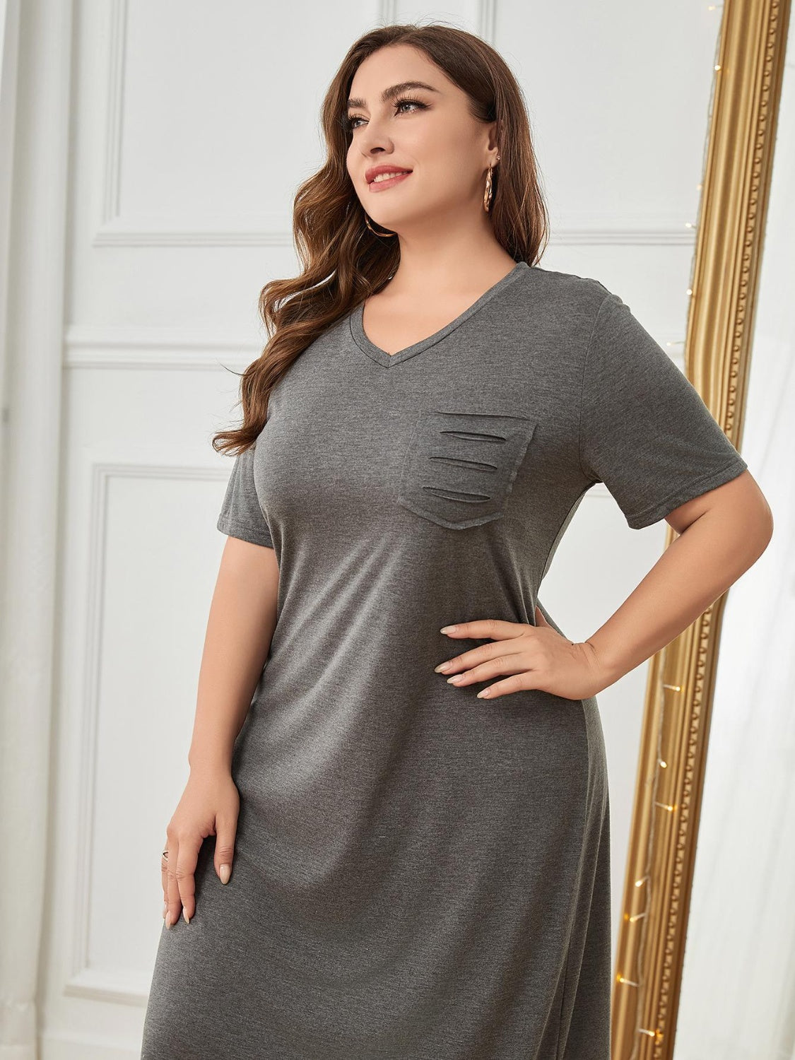 Plus Size Pocketed V-Neck Short Sleeve Lounge Dress - House of Cardwell