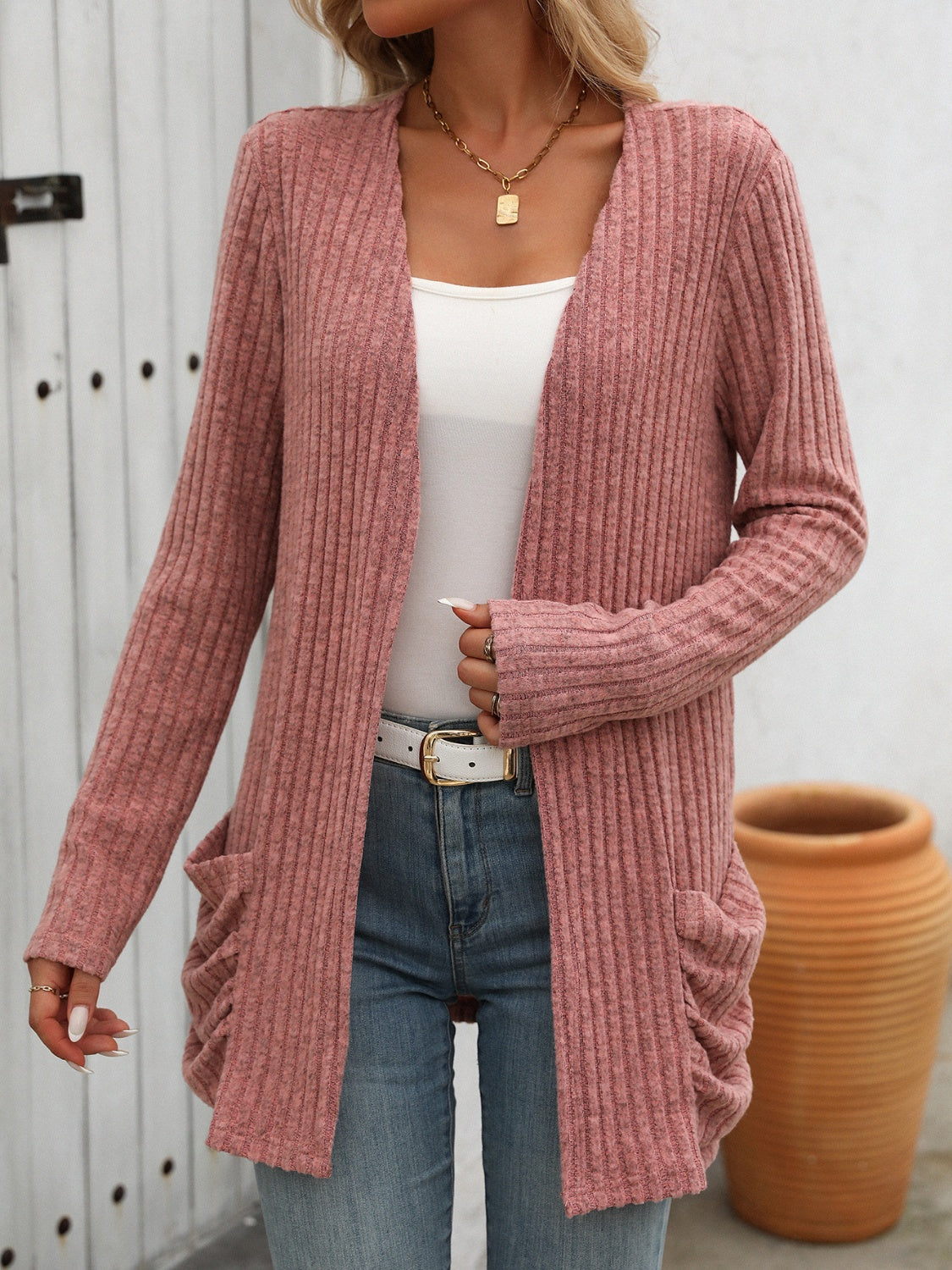 Mandy Open Front Long Sleeve Ribbed Cardigan Trendsi