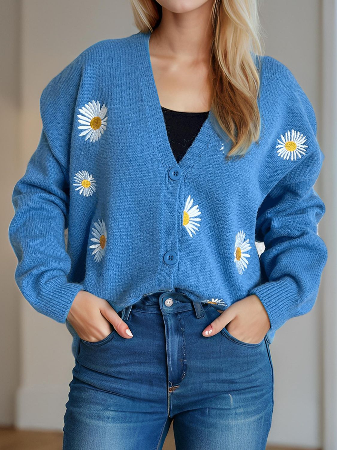 Daisy Button Up V-Neck Cardigan Trendsi