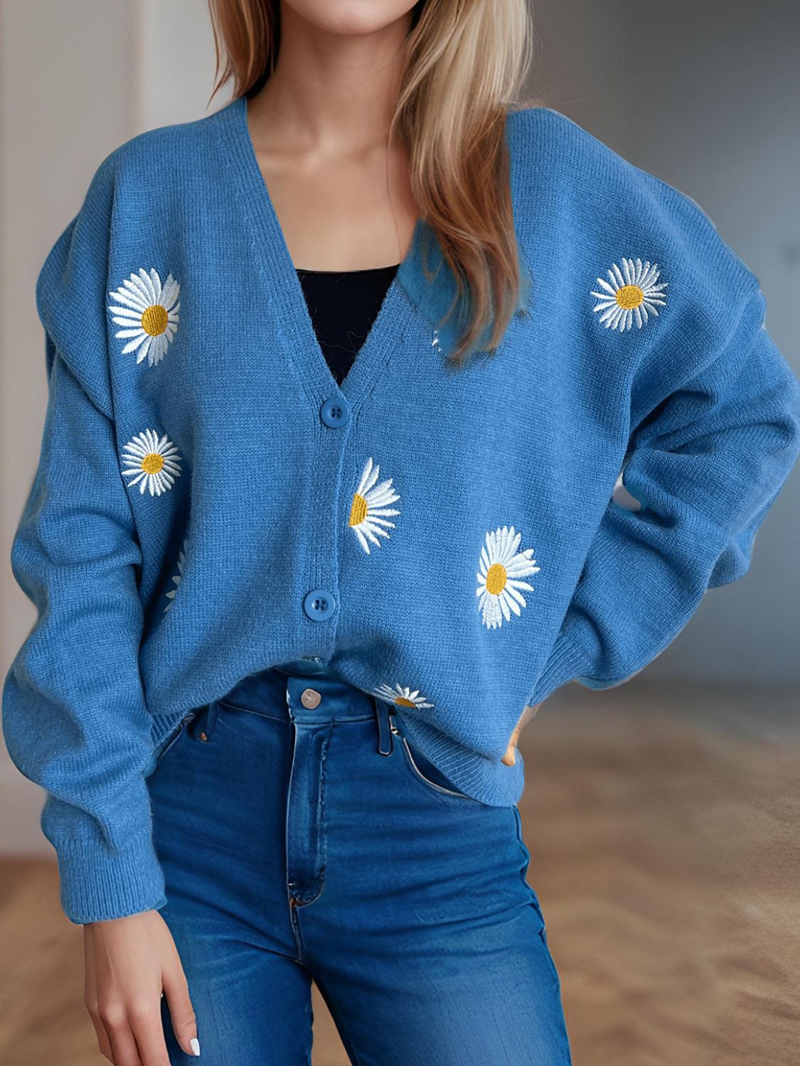 Daisy Button Up V-Neck Cardigan Trendsi