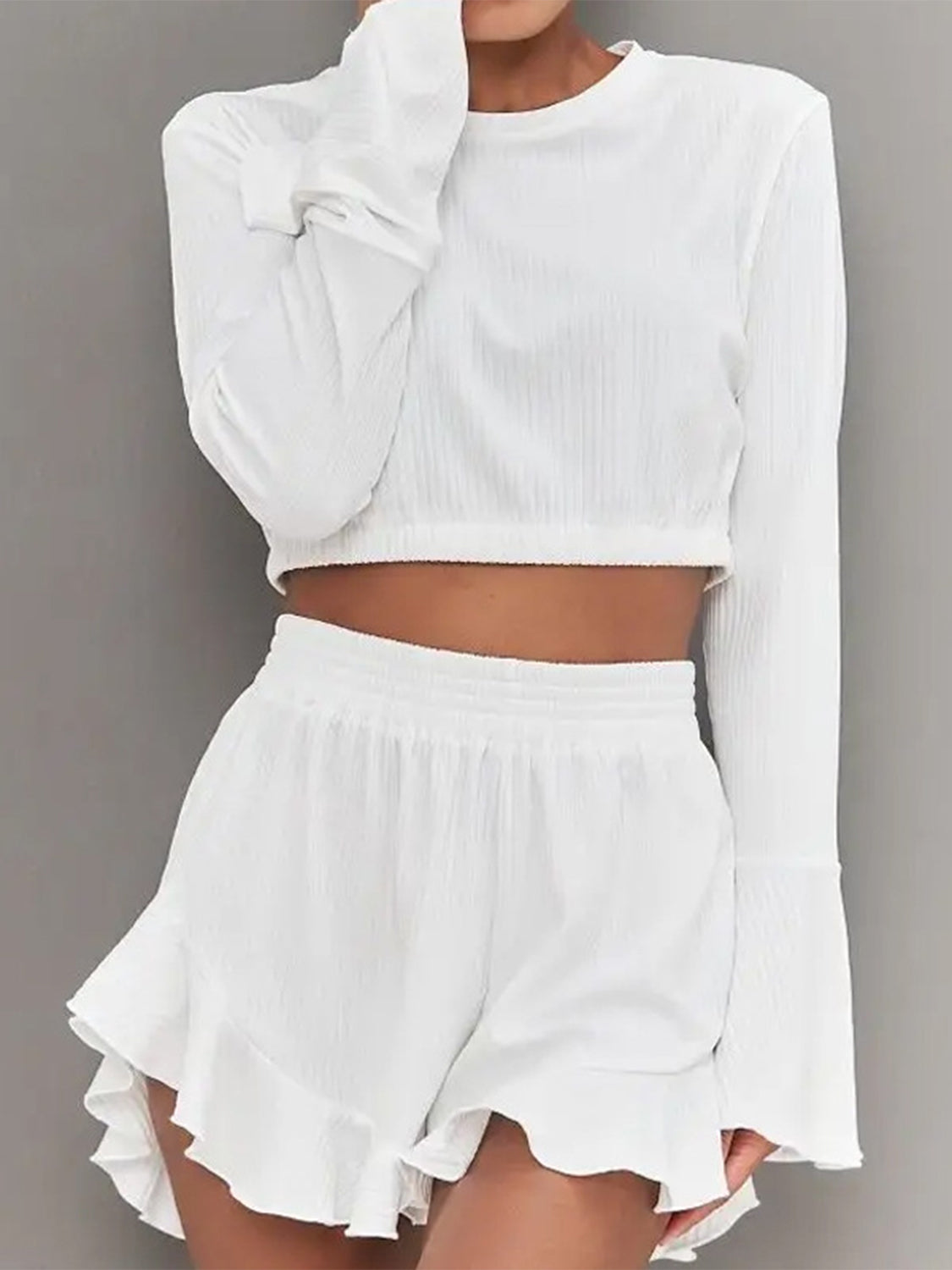 Round Neck Long Sleeve Top and Ruffled Shorts Set - House of Cardwell