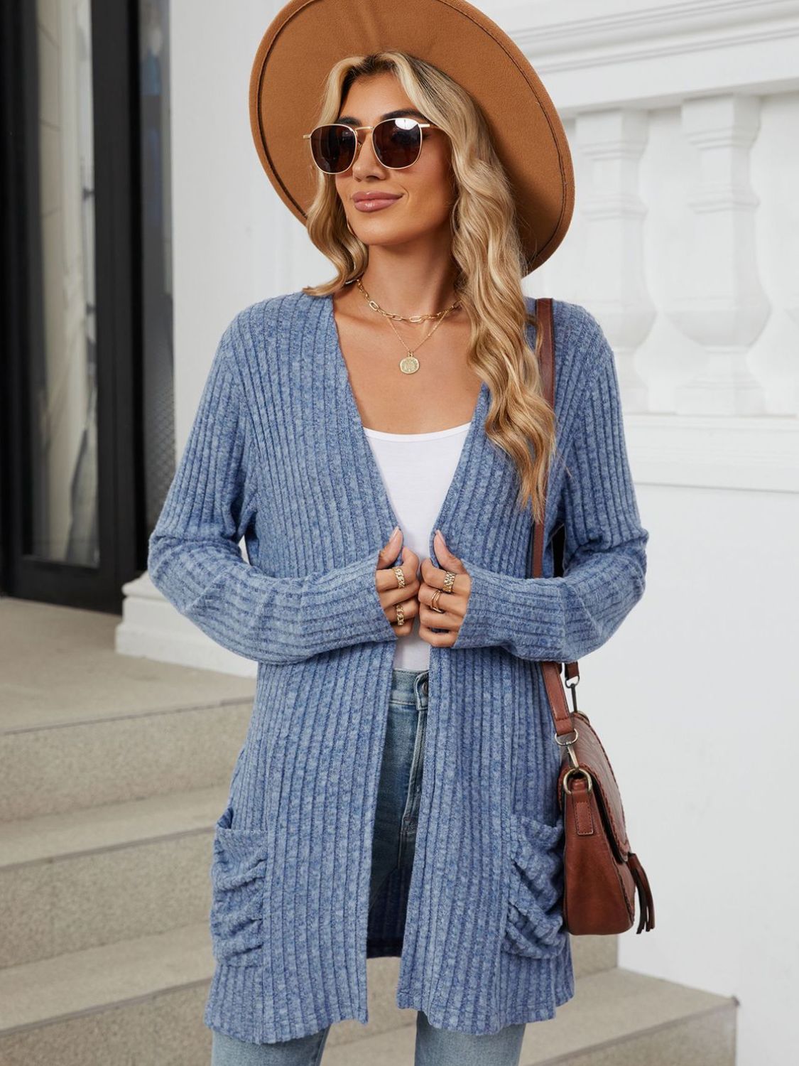 Pocketed Open Front Long Sleeve Cardigan Trendsi