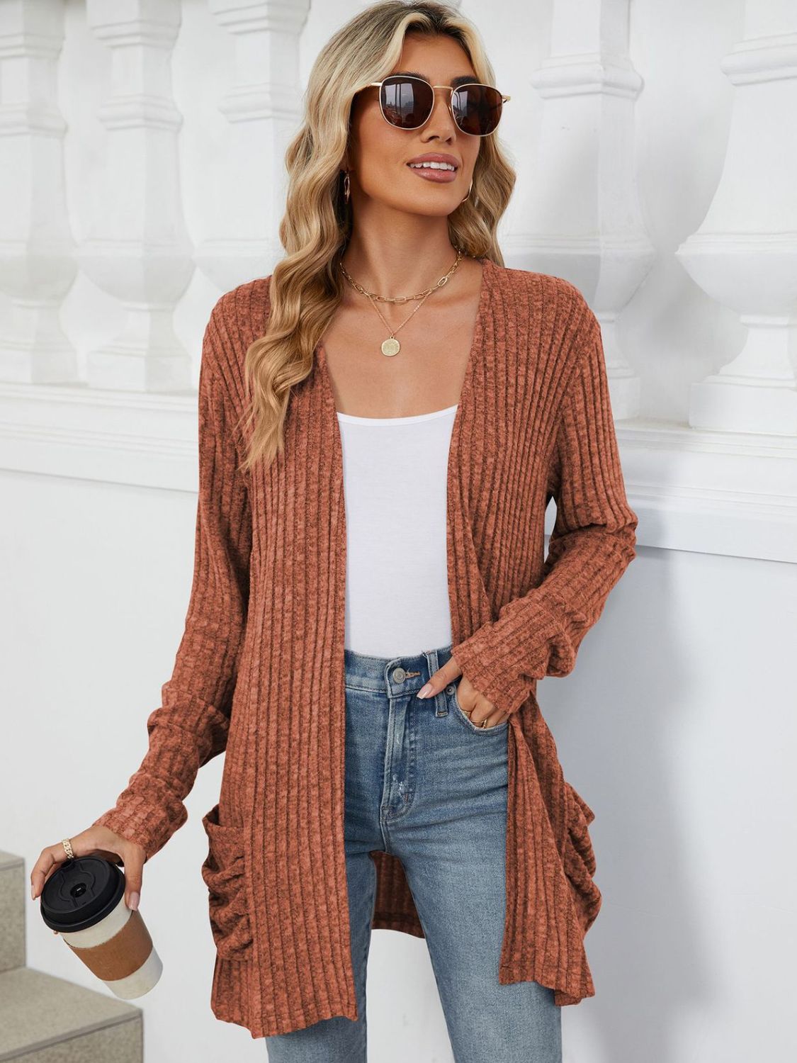 Pocketed Open Front Long Sleeve Cardigan Trendsi