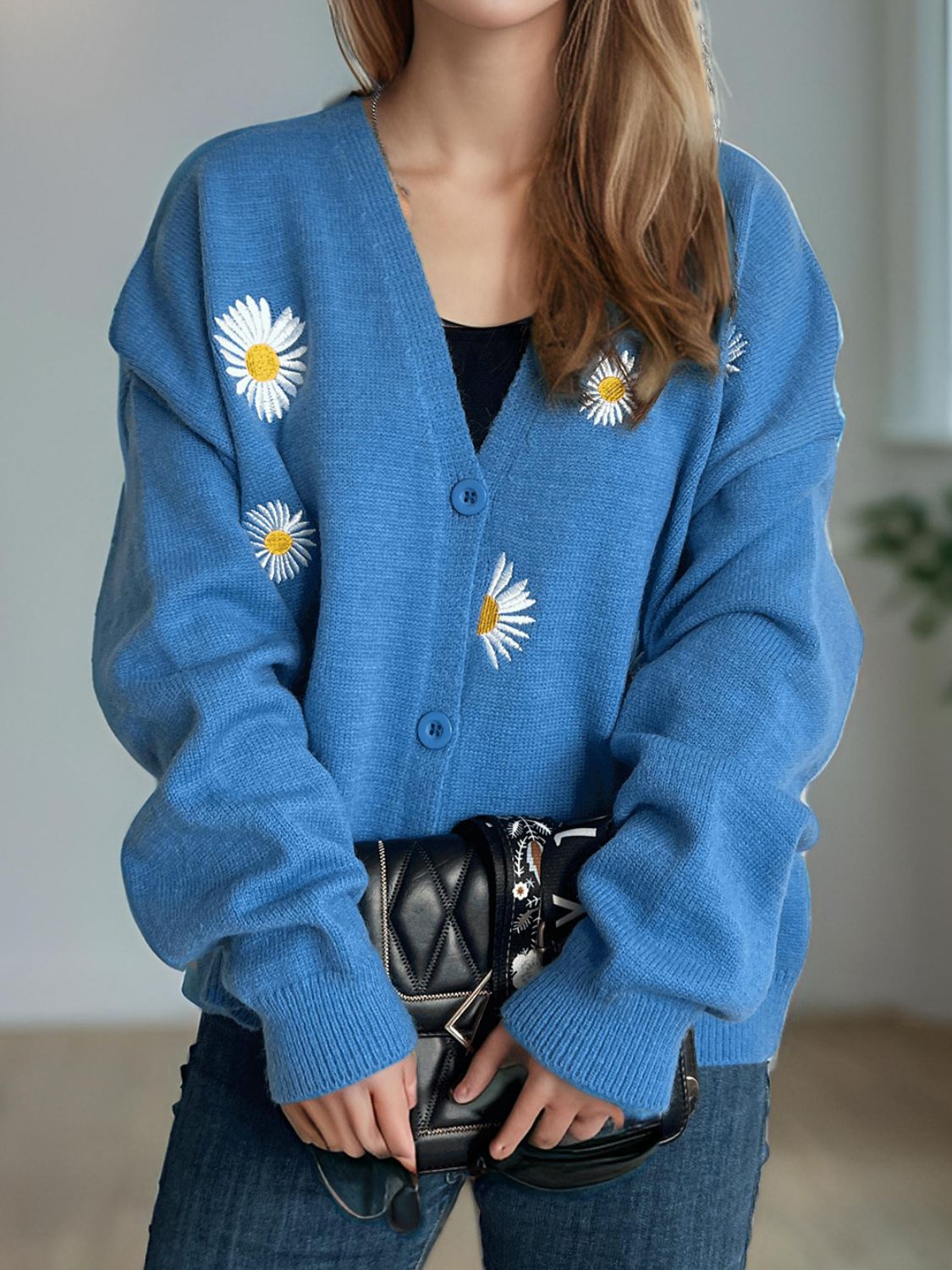 Daisy Button Up V-Neck Cardigan Trendsi