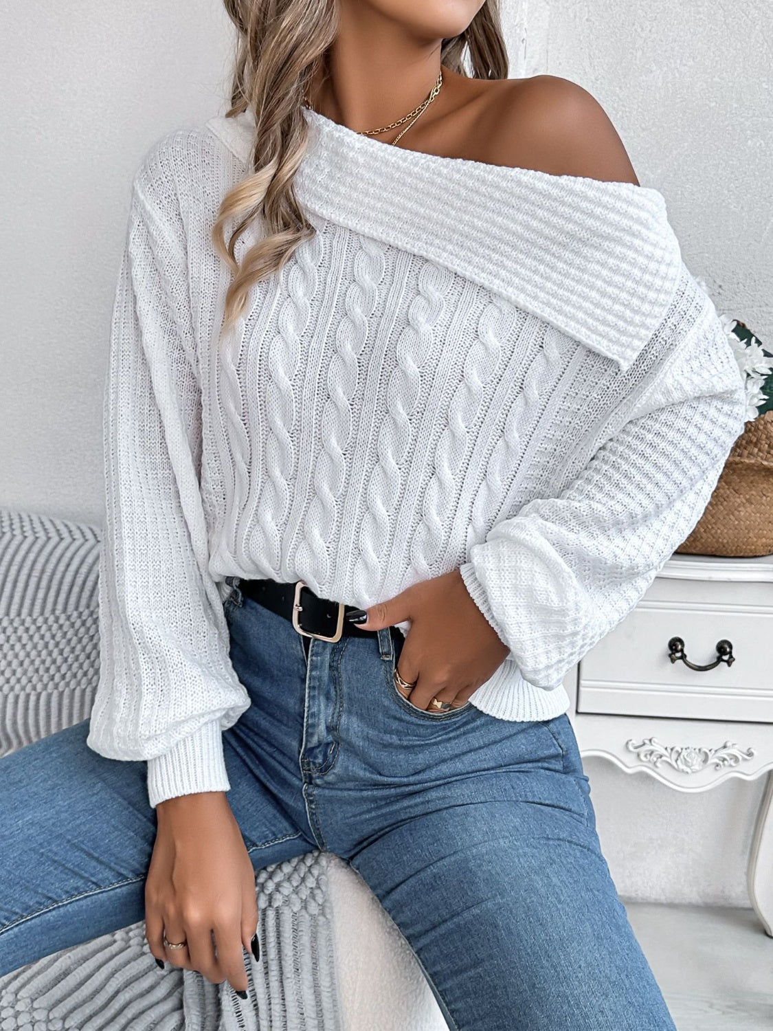 Cable-Knit One Shoulder Long Sleeve Sweater Trendsi