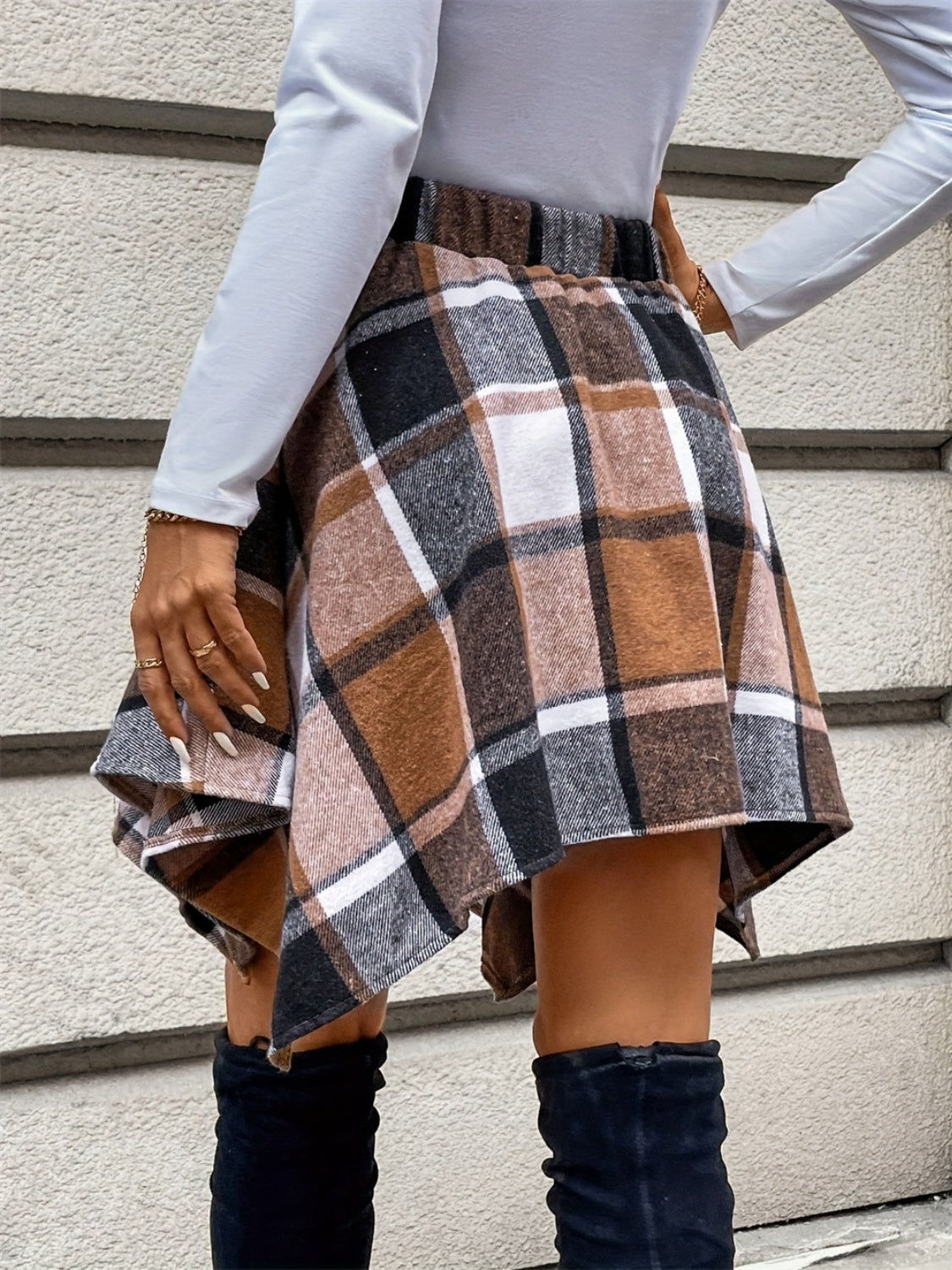 Tied Plaid Asymmetrical Hem Skirt Trendsi