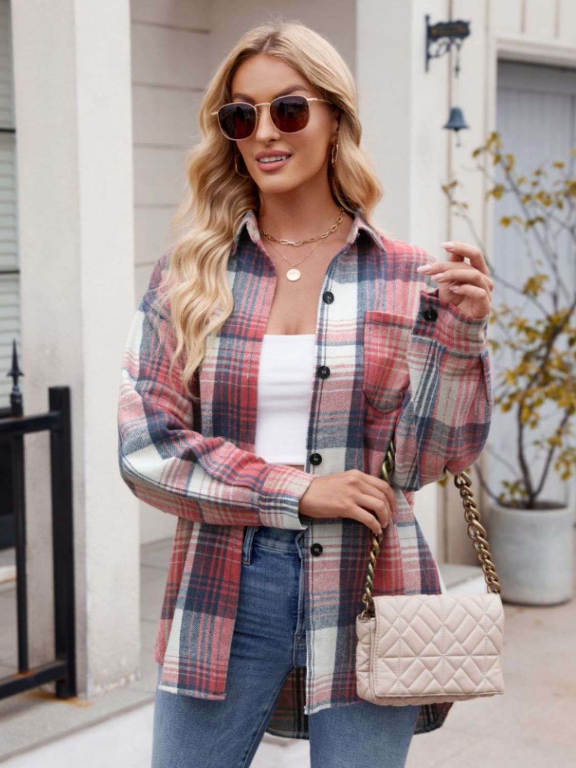 Throw -It-On Plaid Collared Neck Long Sleeve Shirt - House of Cardwell