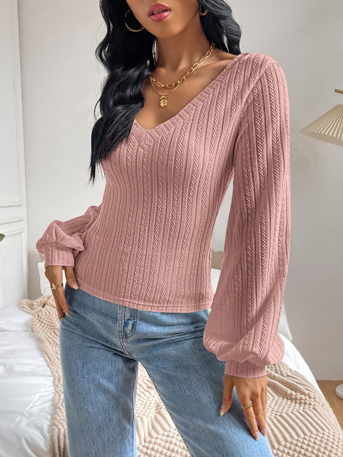 Honey V-Neck Long Sleeve T-Shirt Trendsi