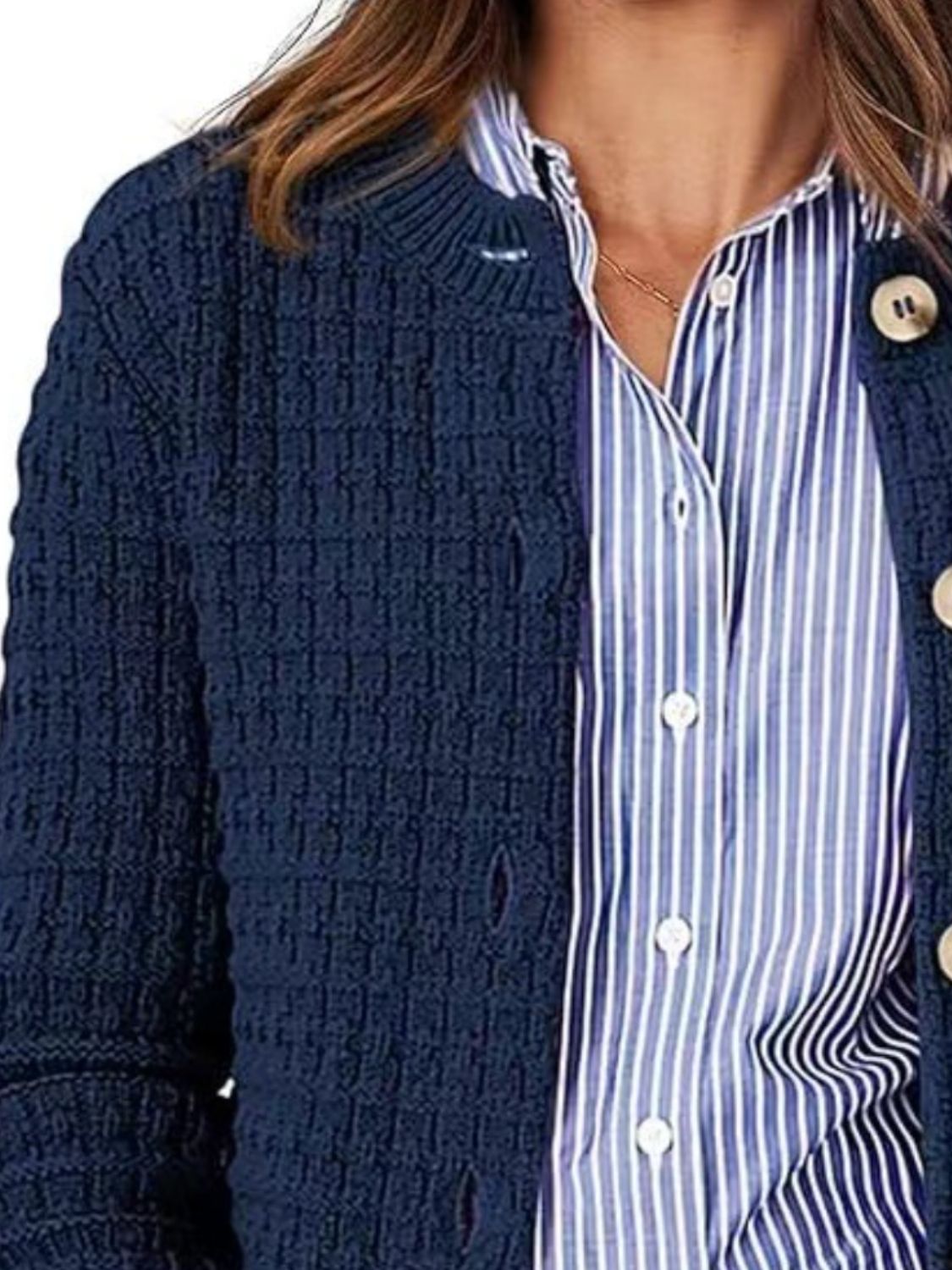 Button Up Round Neck Long Sleeve Cardigan Trendsi