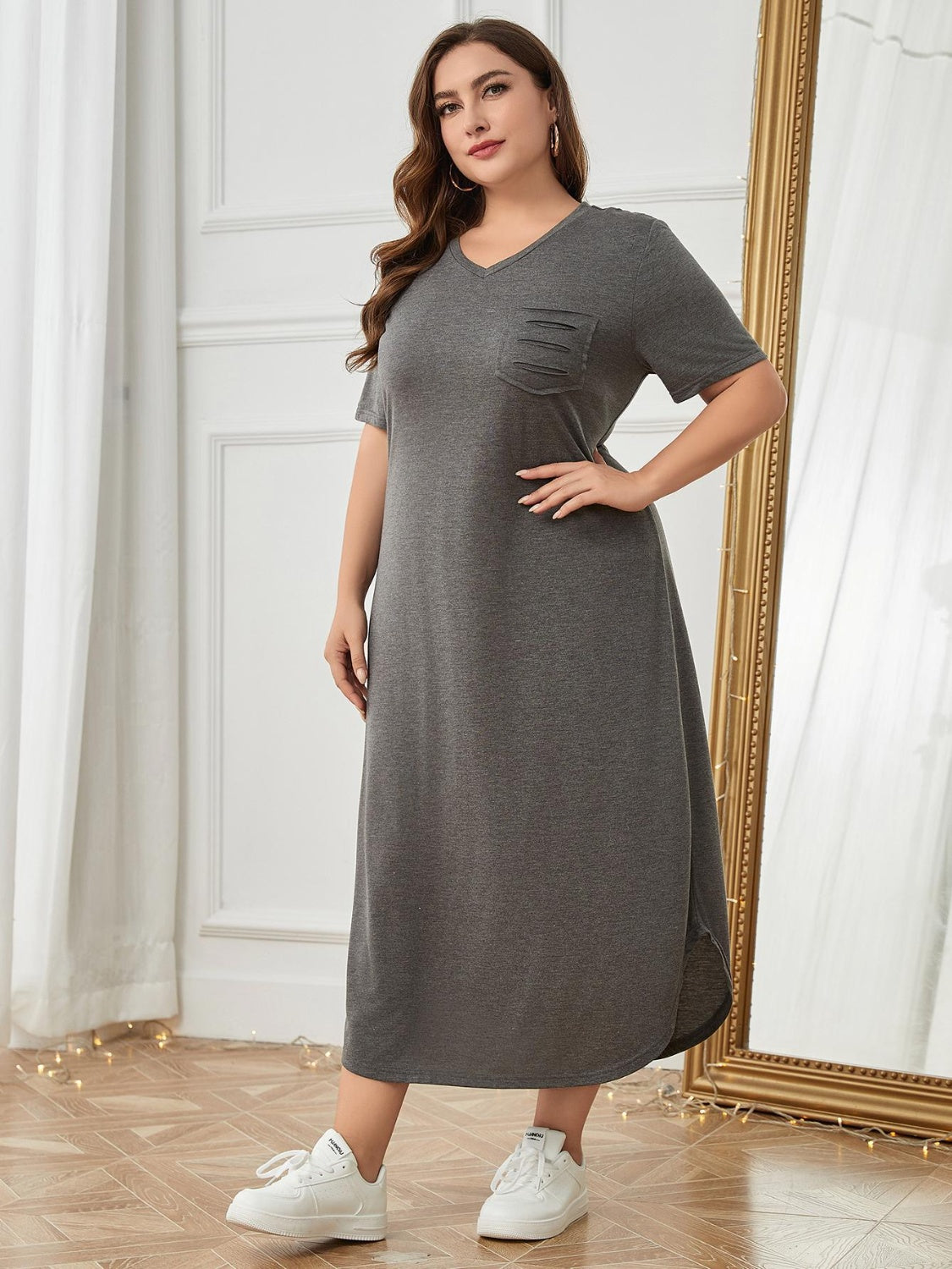 Plus Size Pocketed V-Neck Short Sleeve Lounge Dress - House of Cardwell