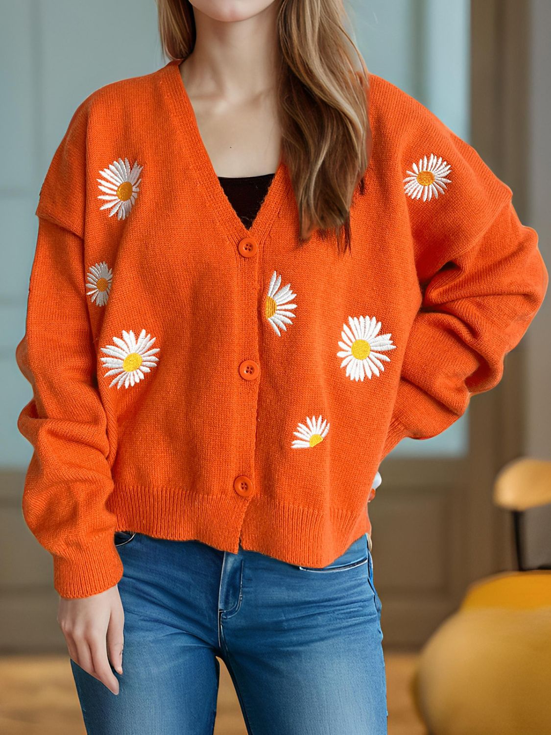 Daisy Button Up V-Neck Cardigan Trendsi