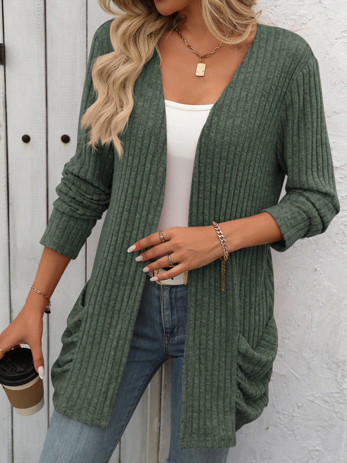 Mandy Open Front Long Sleeve Ribbed Cardigan Trendsi