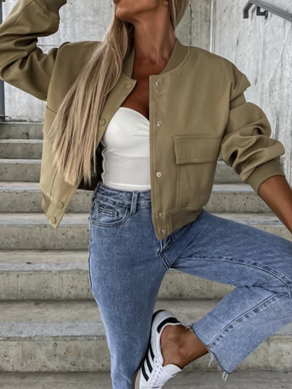 Baseball Collar Dropped Shoulder Jacket Trendsi