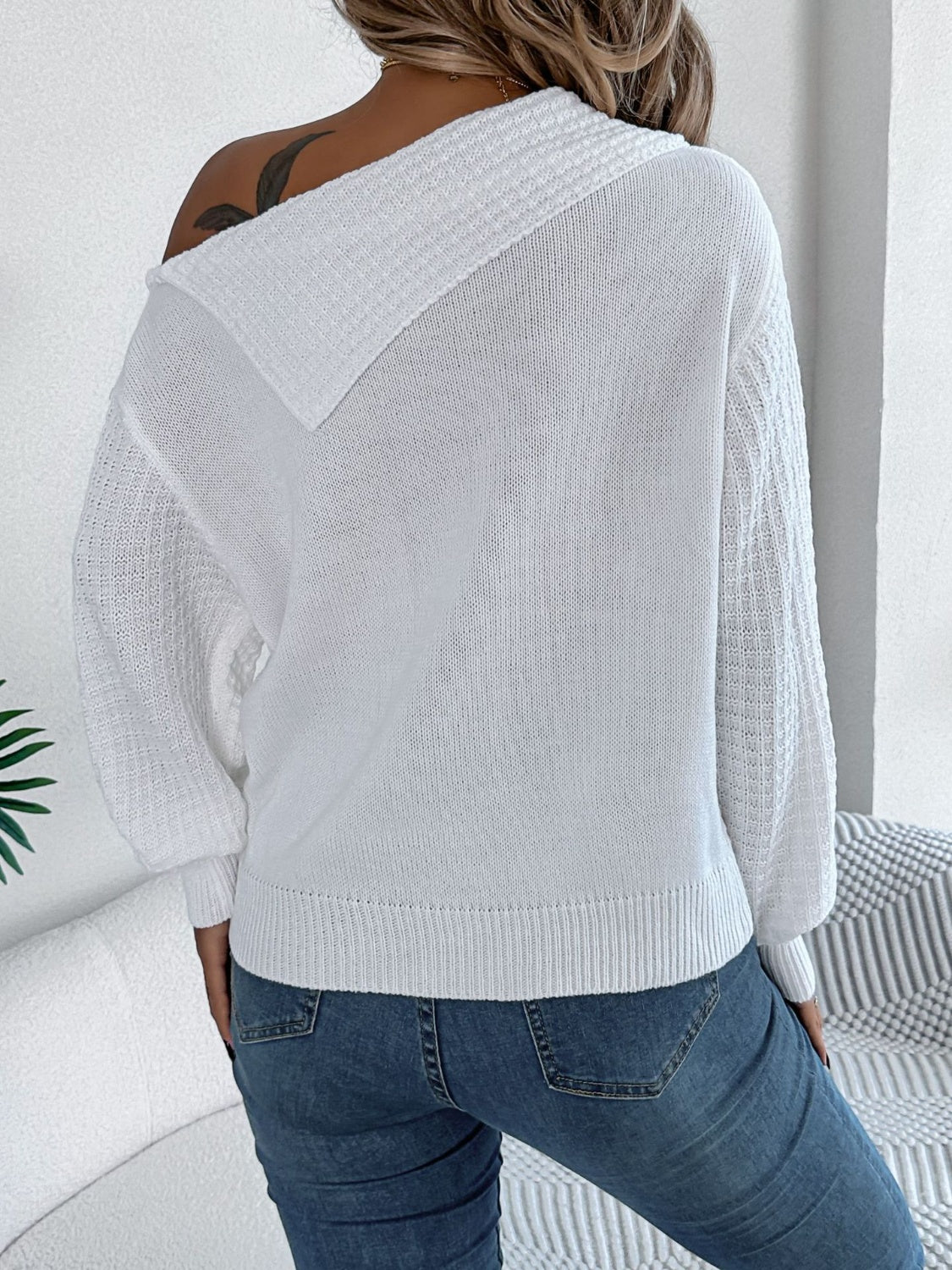 Cable-Knit One Shoulder Long Sleeve Sweater Trendsi