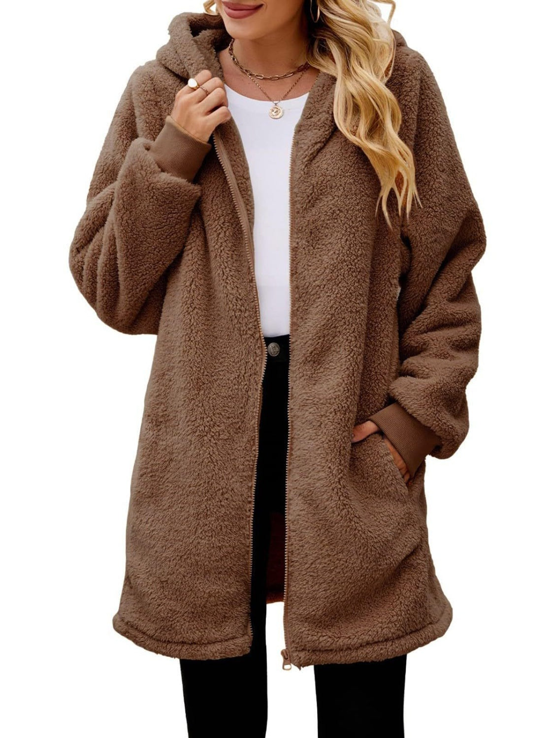 Fuzzy Pocketed Zip Up Long Sleeve Hooded Jacket Trendsi