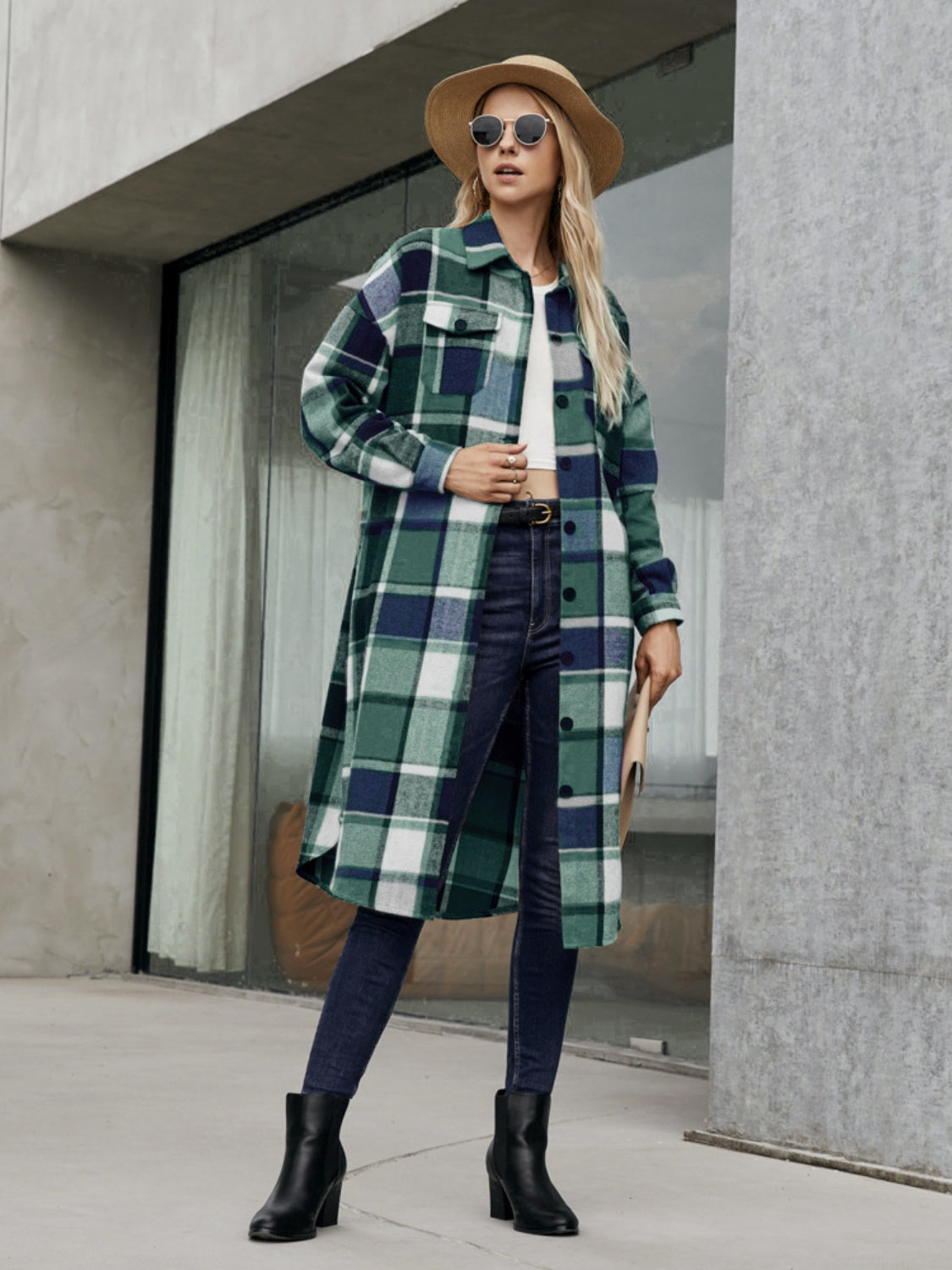 Plaid Pocketed Button Up Trench Coat Trendsi