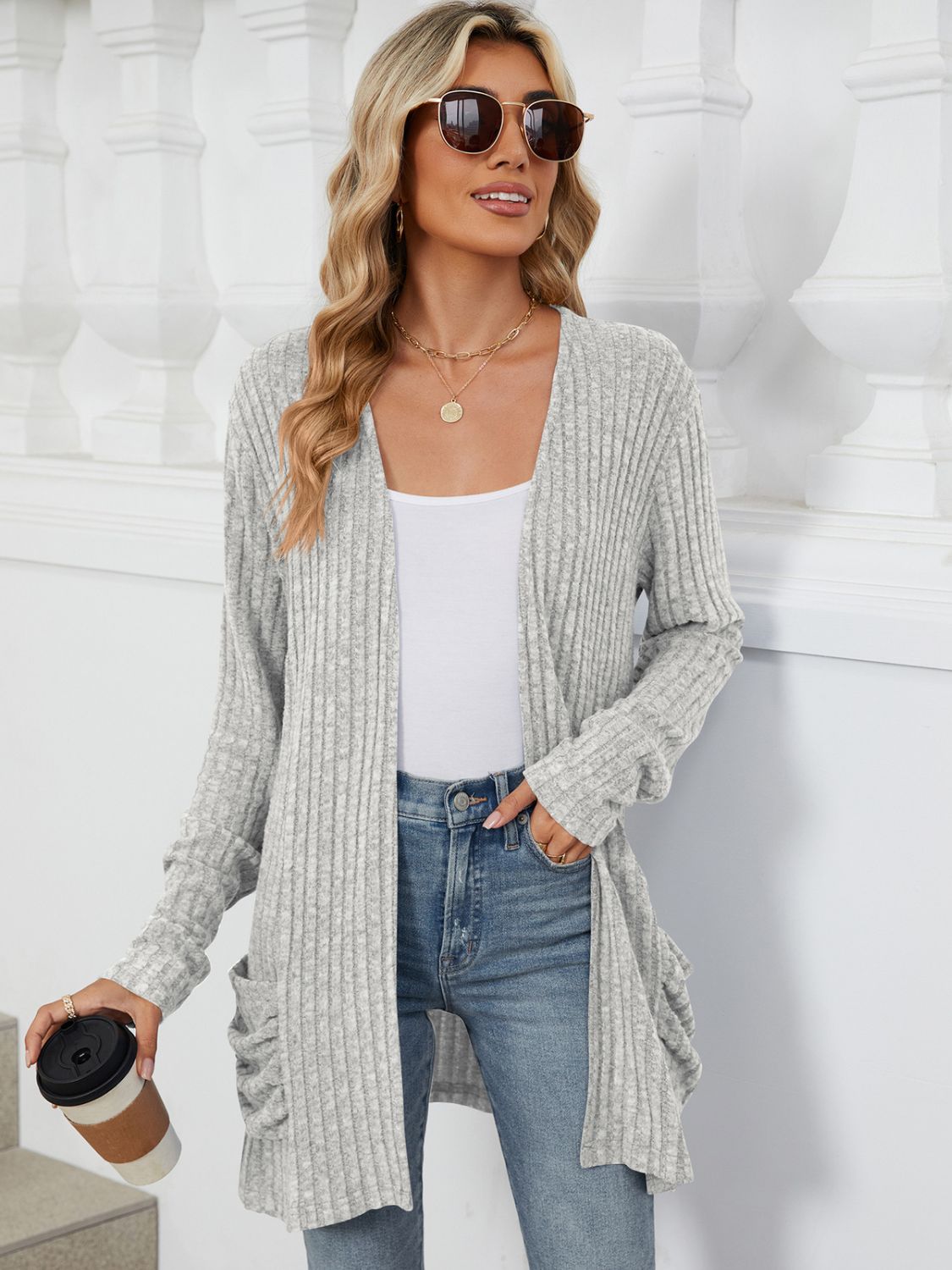 Pocketed Open Front Long Sleeve Cardigan Trendsi