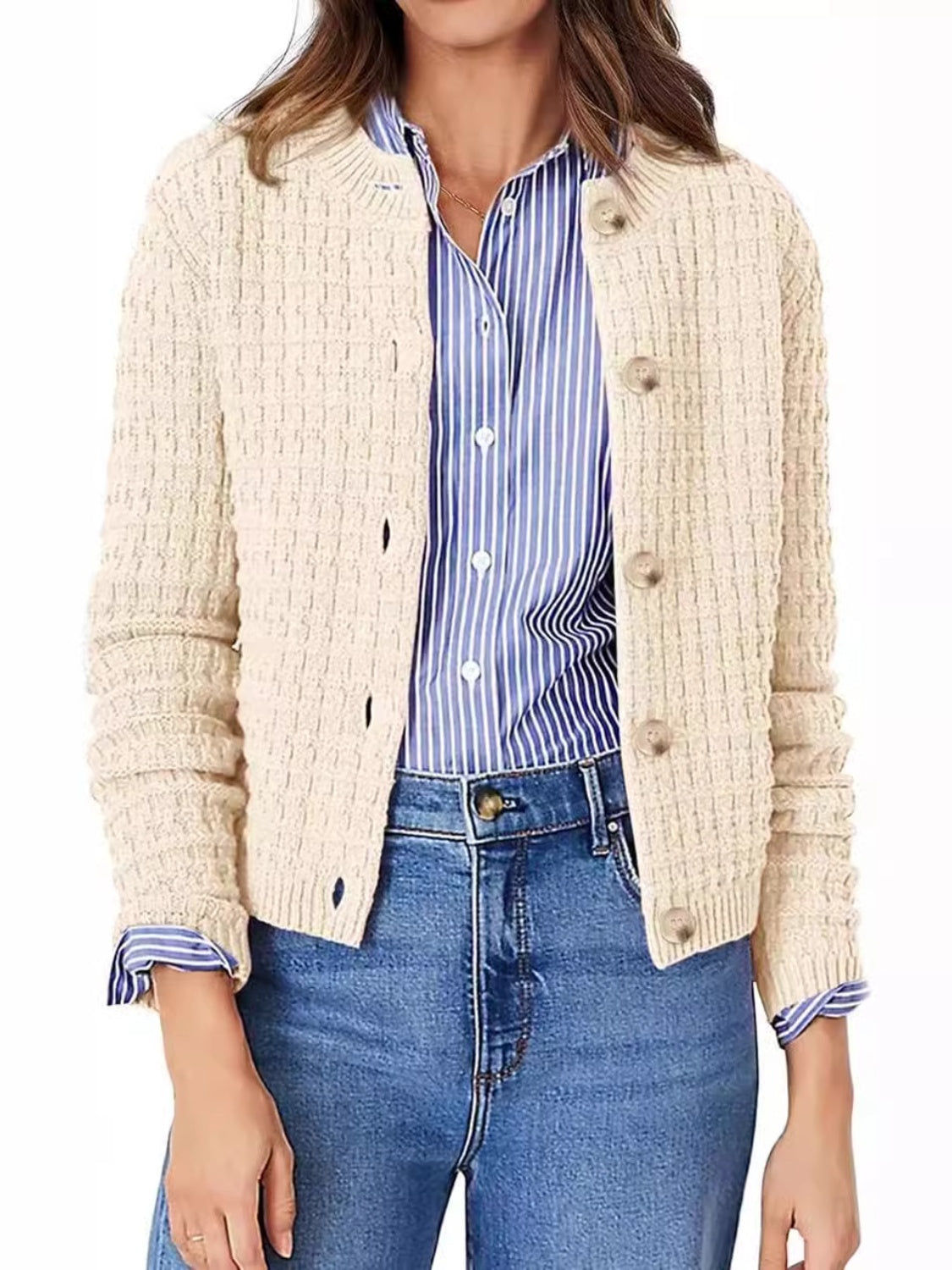 Button Up Round Neck Long Sleeve Cardigan Trendsi