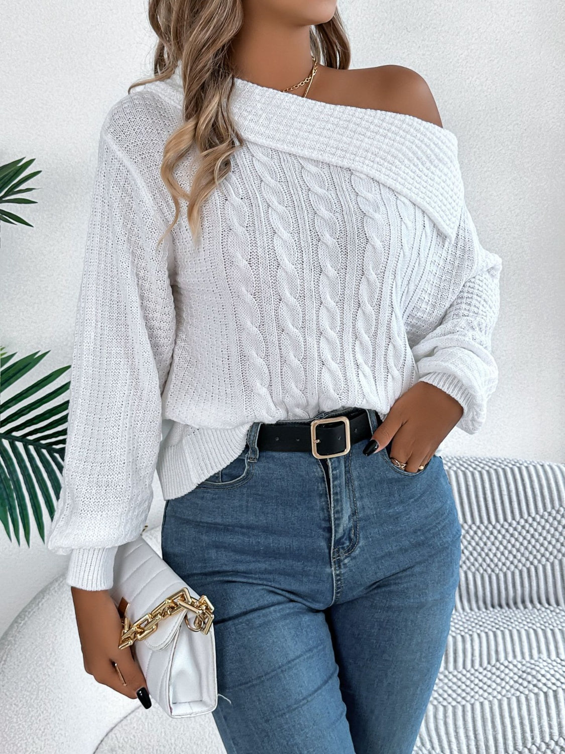 Cable-Knit One Shoulder Long Sleeve Sweater Trendsi