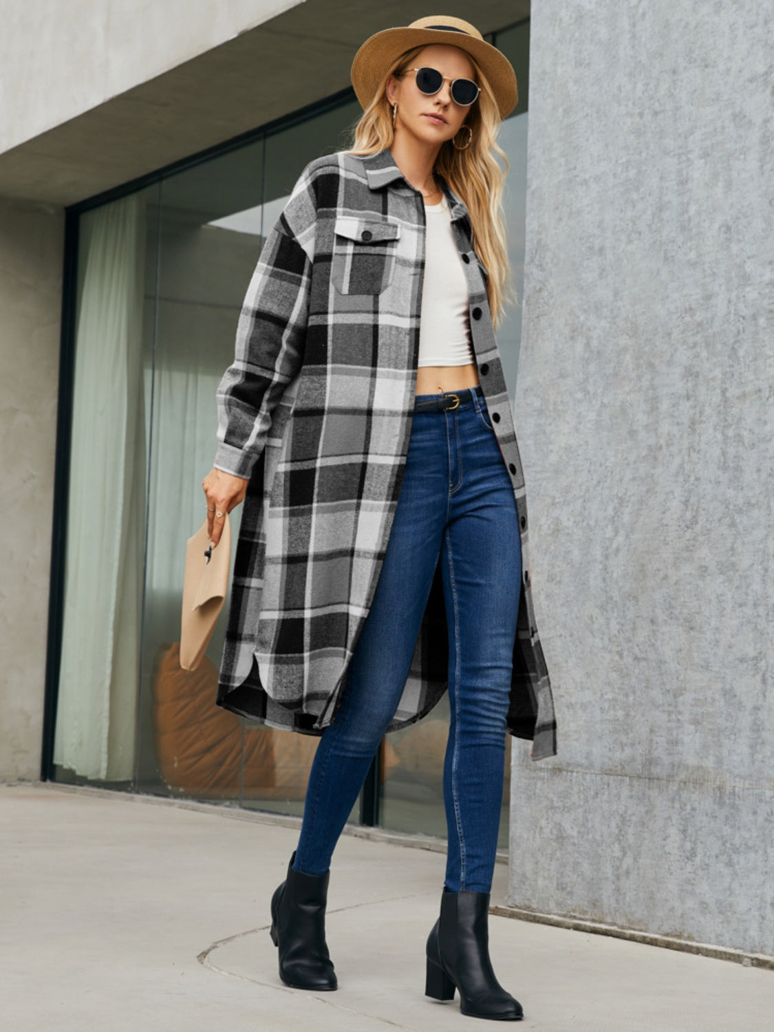 Plaid Pocketed Button Up Trench Coat Trendsi