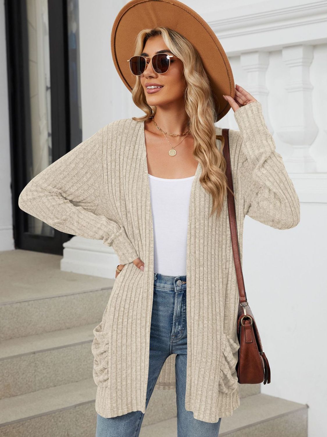 Pocketed Open Front Long Sleeve Cardigan Trendsi