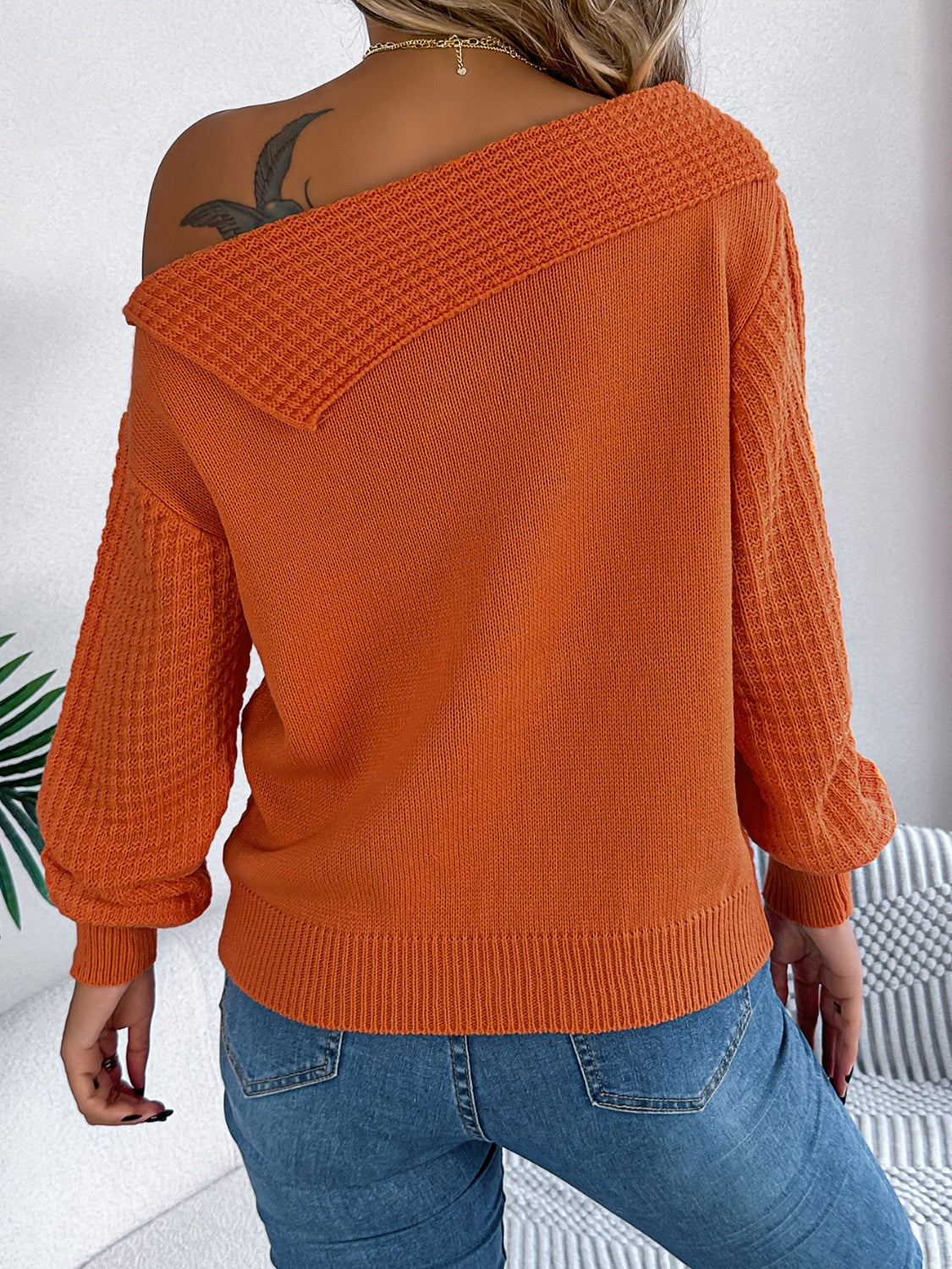 Cable-Knit One Shoulder Long Sleeve Sweater Trendsi