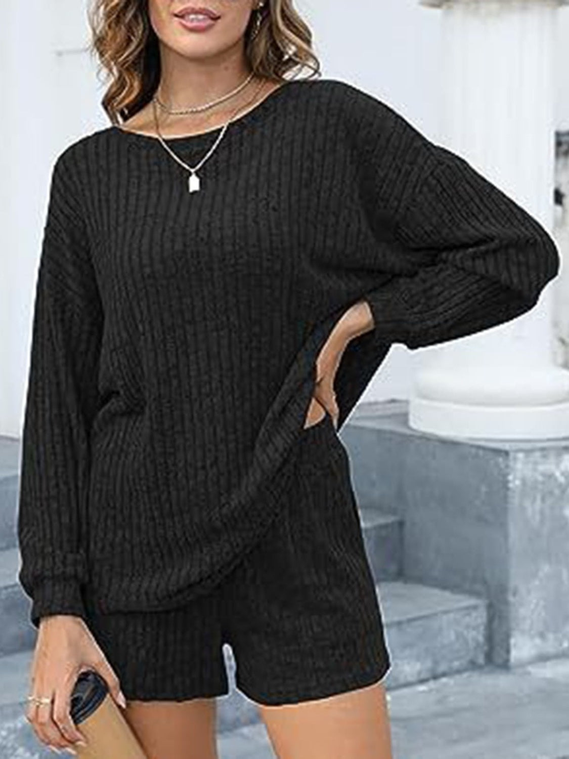 I Simply Love This! Comfy and Warm Round Neck Dropped Shoulder Top and Shorts Set Trendsi