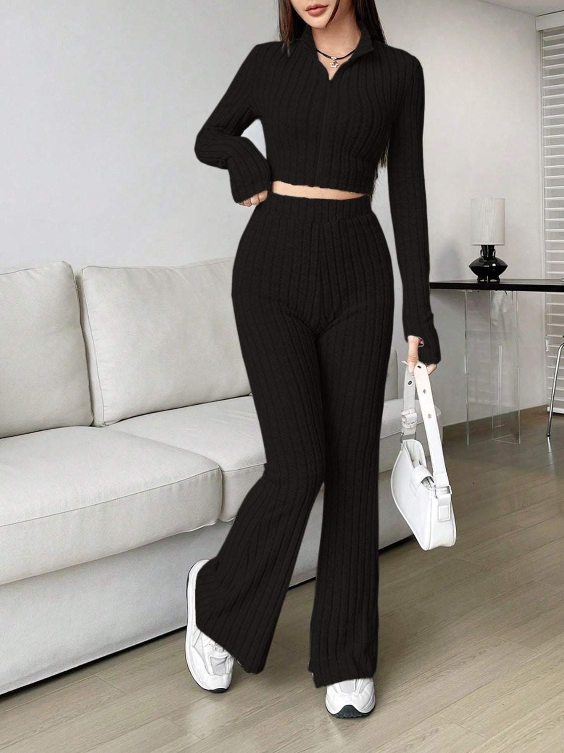 Honey Zip Up Long Sleeve Top and Pants Set Trendsi