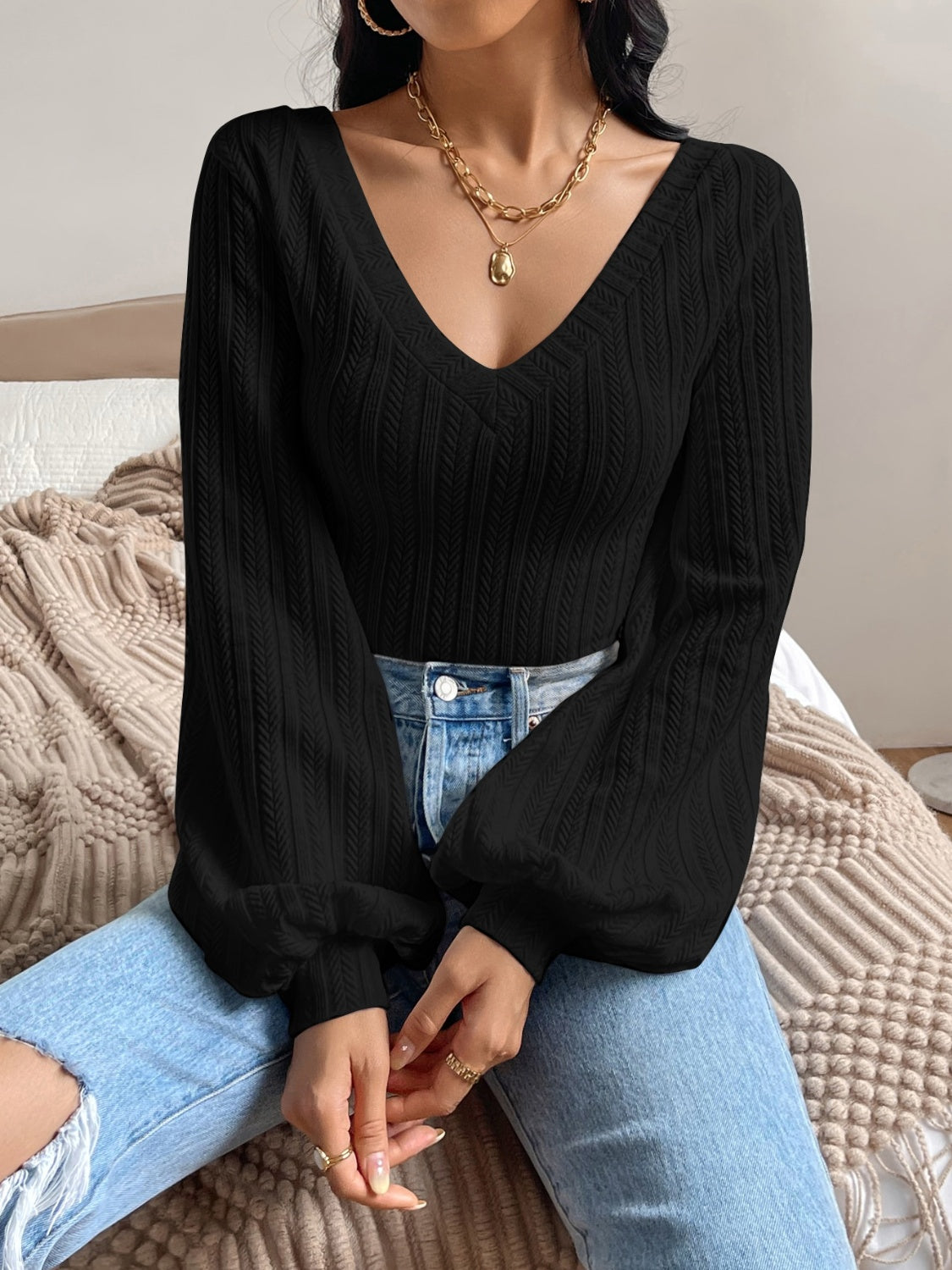 Honey V-Neck Long Sleeve T-Shirt Trendsi