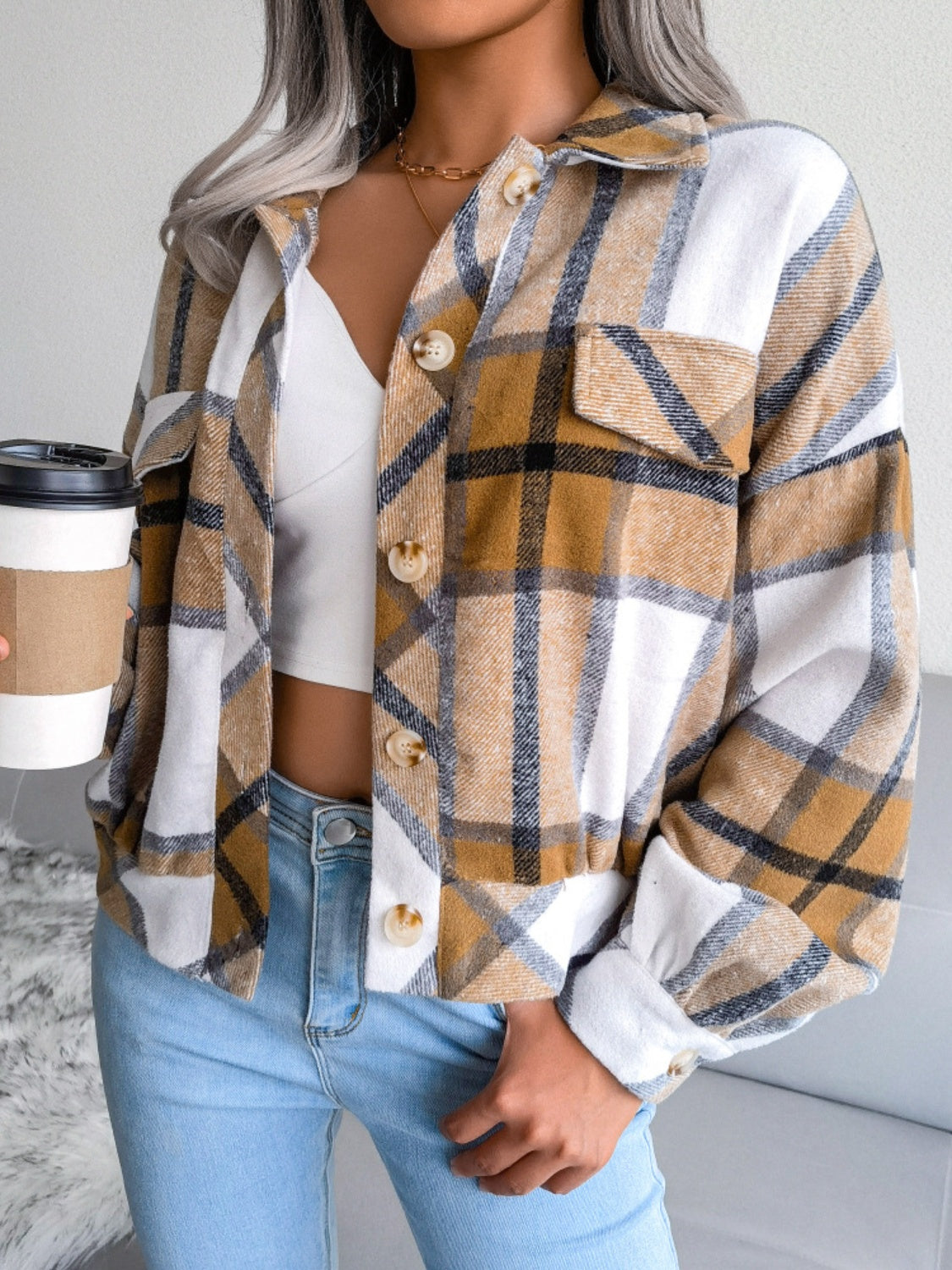 Plaid Collared Neck Long Sleeve Jacket Trendsi