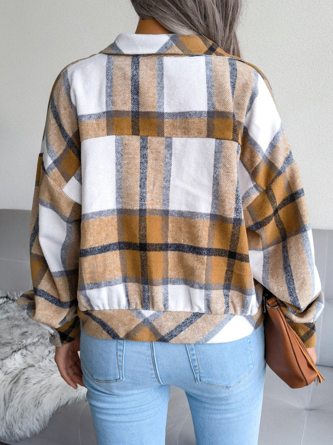 Plaid Collared Neck Long Sleeve Jacket Trendsi