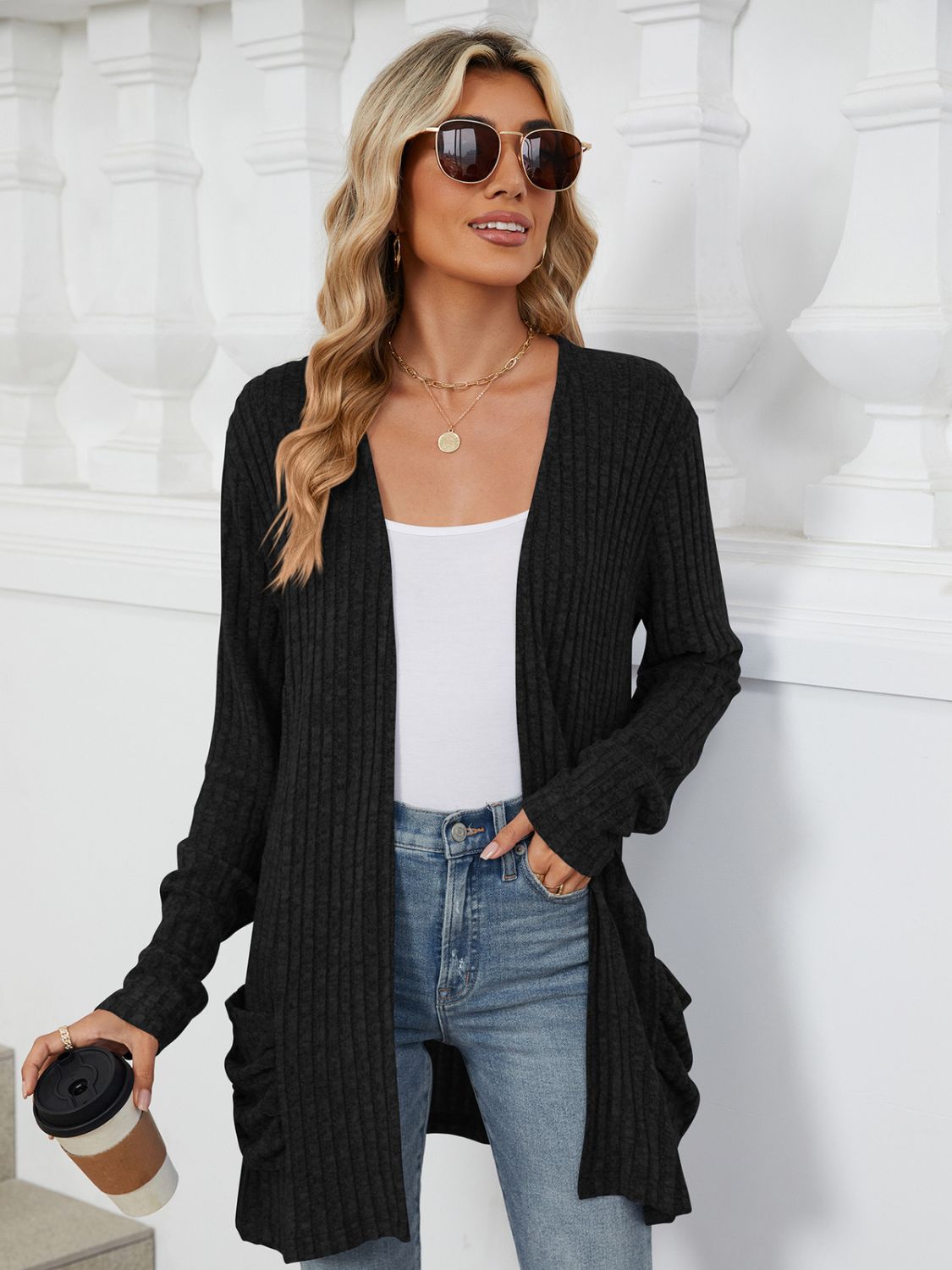 Pocketed Open Front Long Sleeve Cardigan Trendsi