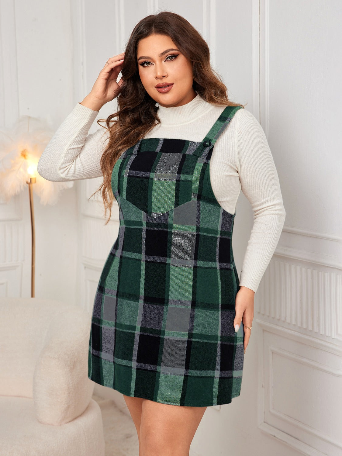 Honey Plus Size Plaid Wide Strap Overall Dress Trendsi