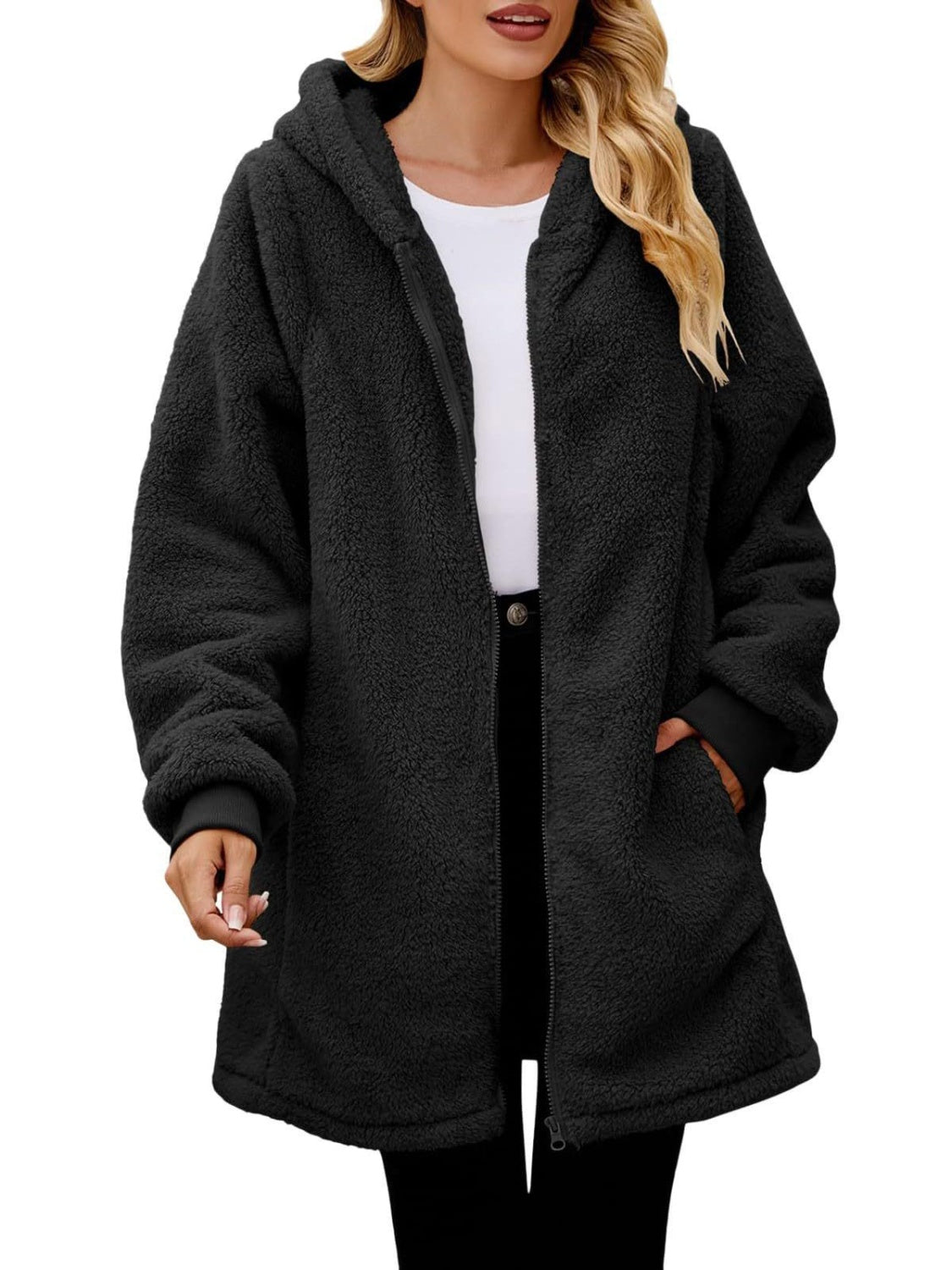 Fuzzy Pocketed Zip Up Long Sleeve Hooded Jacket Trendsi