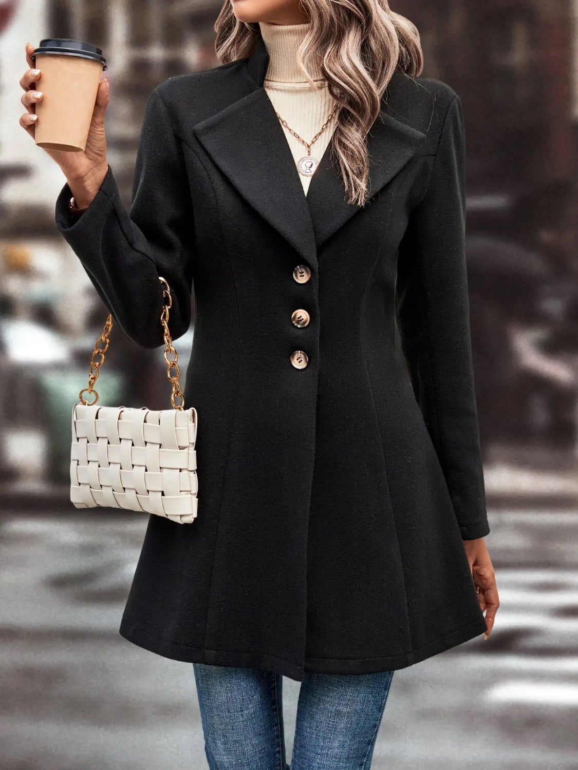 Collared Neck Long Sleeve Longline Coat Trendsi