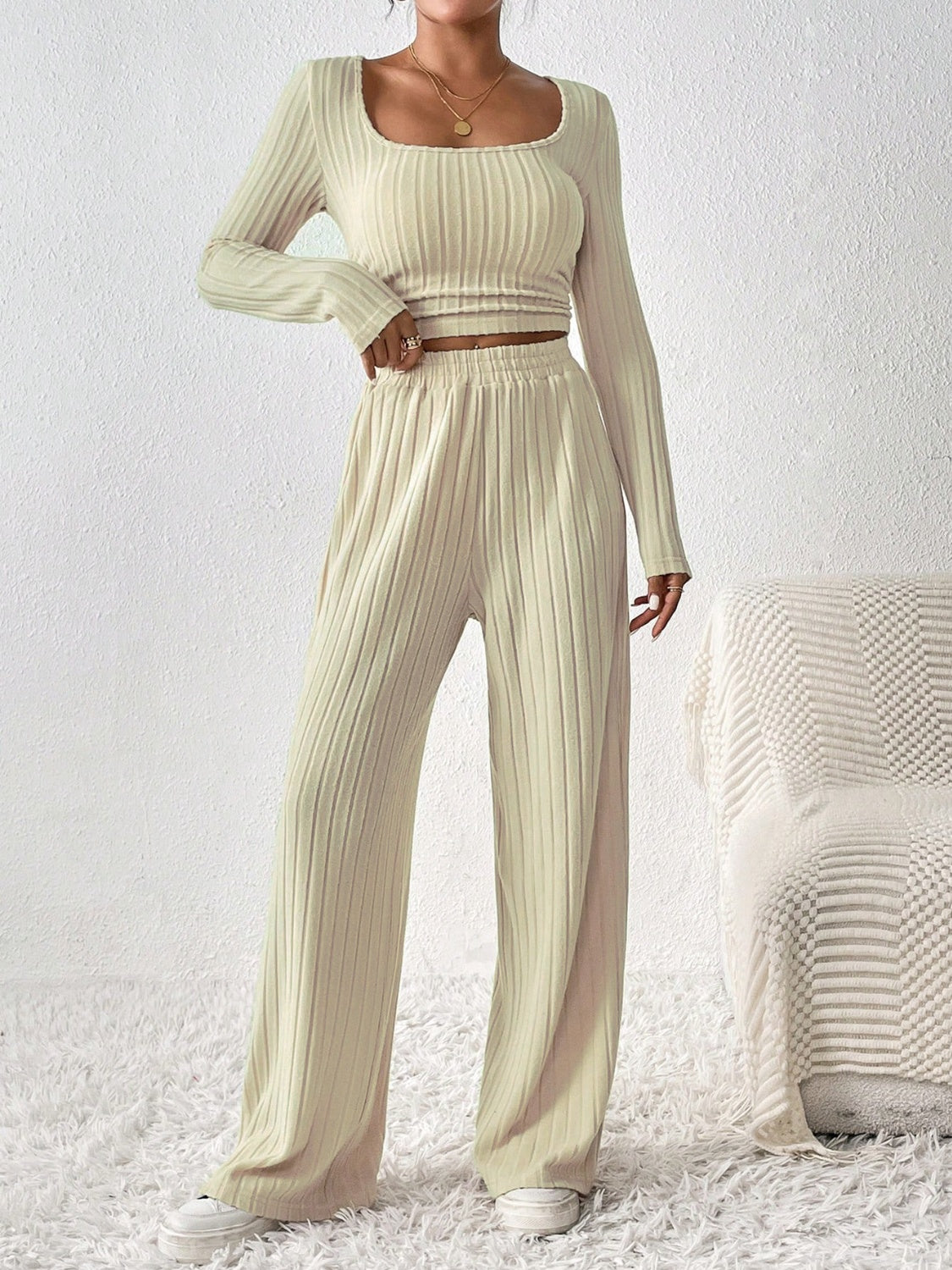 Honey Scoop Neck Long Sleeve Top and Pants Set Trendsi