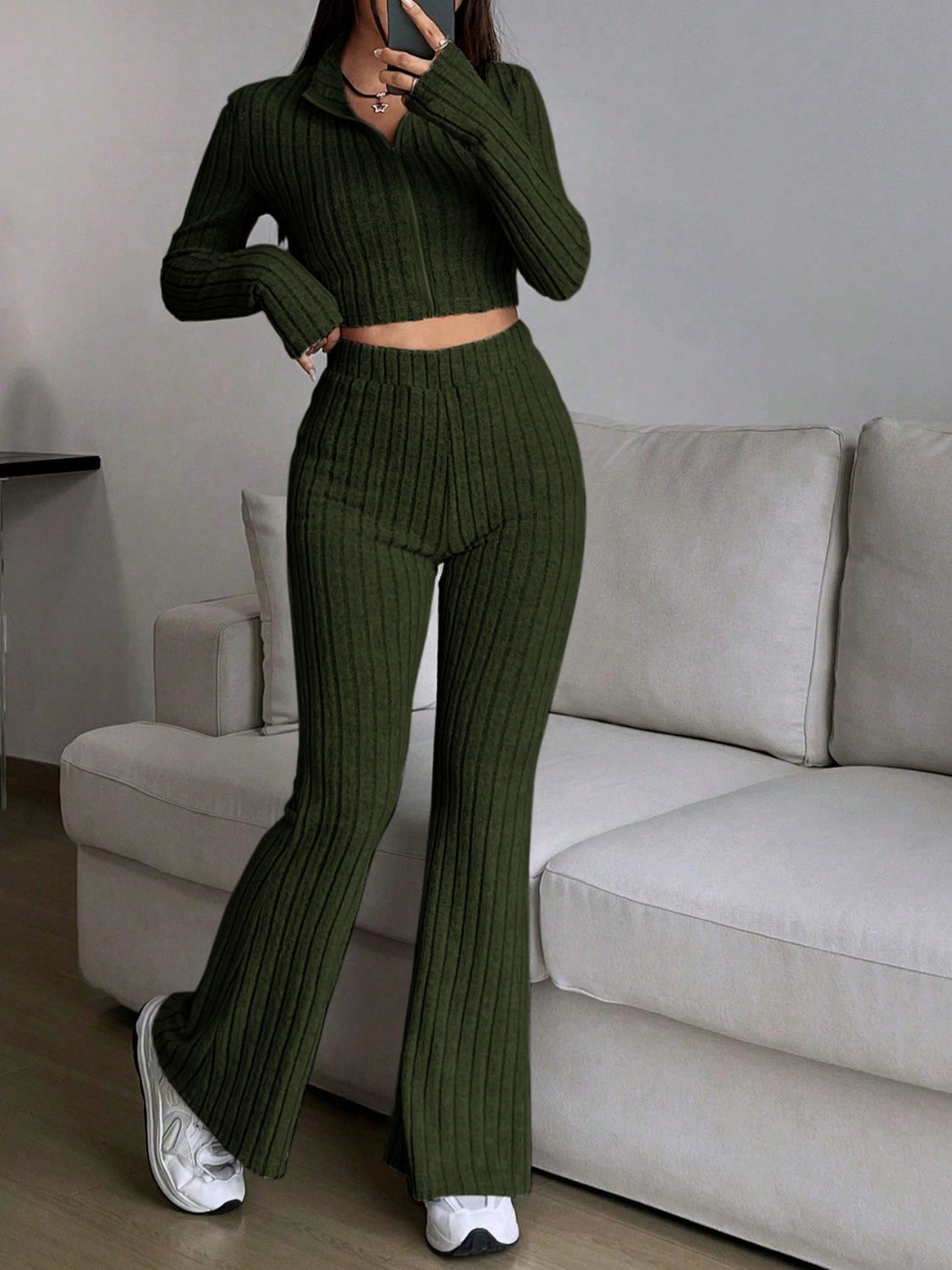 Honey Zip Up Long Sleeve Top and Pants Set Trendsi