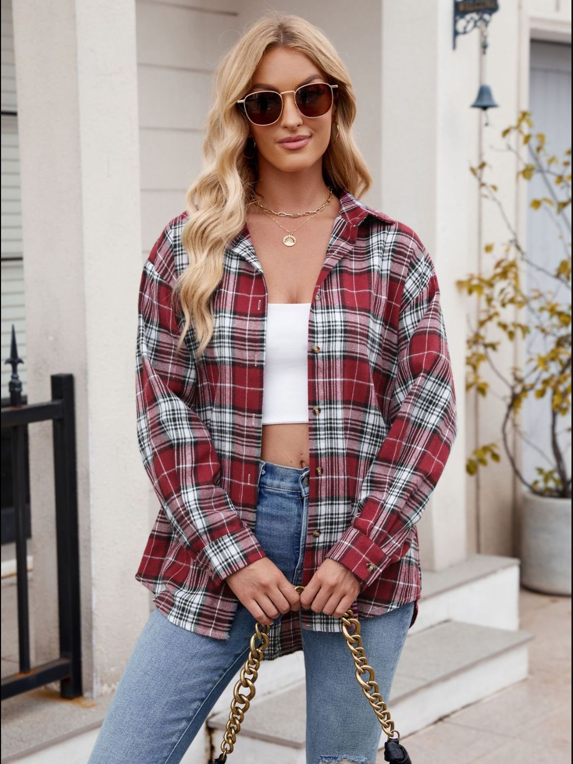 Just For Me Plaid Collared Neck Long Sleeve Shirt - House of Cardwell