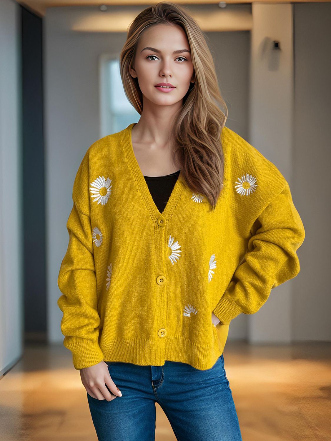 Daisy Button Up V-Neck Cardigan Trendsi